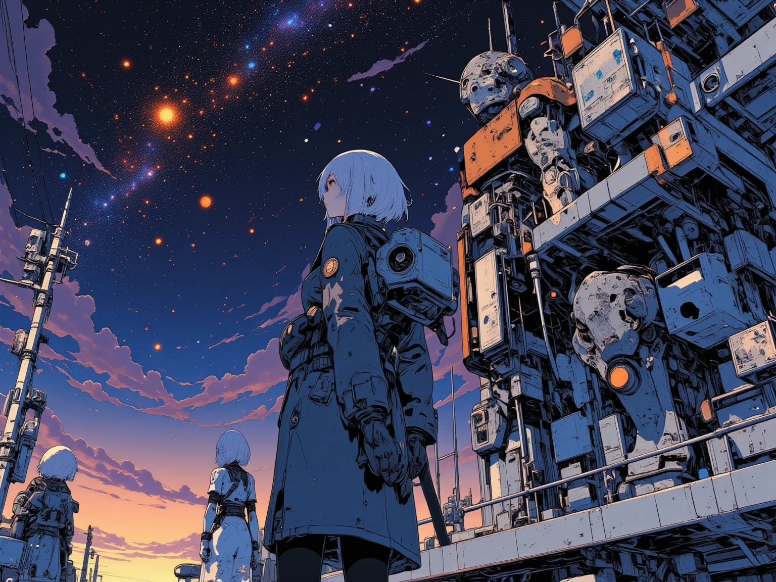 (Space colony:1.5, masterpiece:1.3, highres:1.3, universe:1.5, (beautiful star, galaxy), Black outer space:1.4), Space colony\Mobile Suit Gundam, 1girl & lady android\Viewing the universe from the window, Outer space, The universe outside the window:1.5, Stars:1.5, Outer space