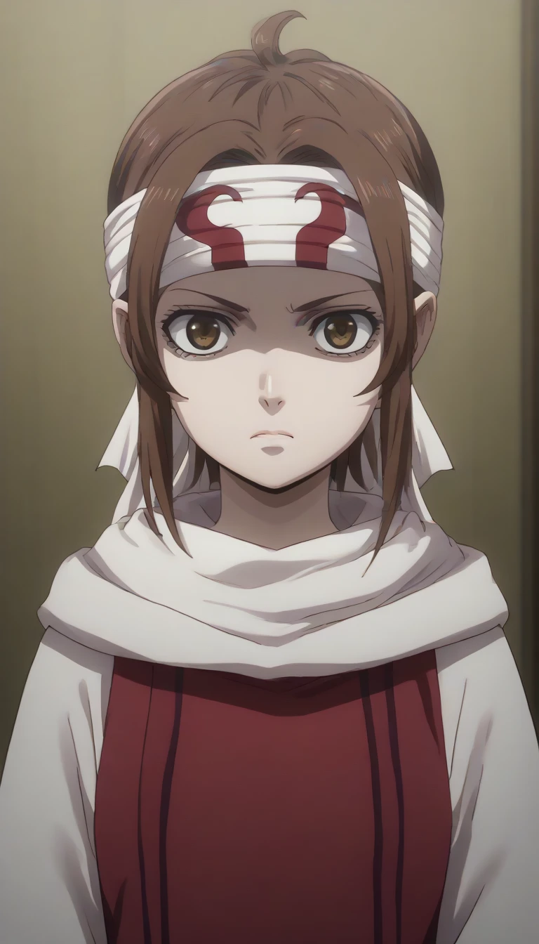 Liliruca Arde brown hair brown eyes score_9, score_8_up, score_7_up, 1girl, kyoukai cowl (((headband))) ((((expressionless face))))