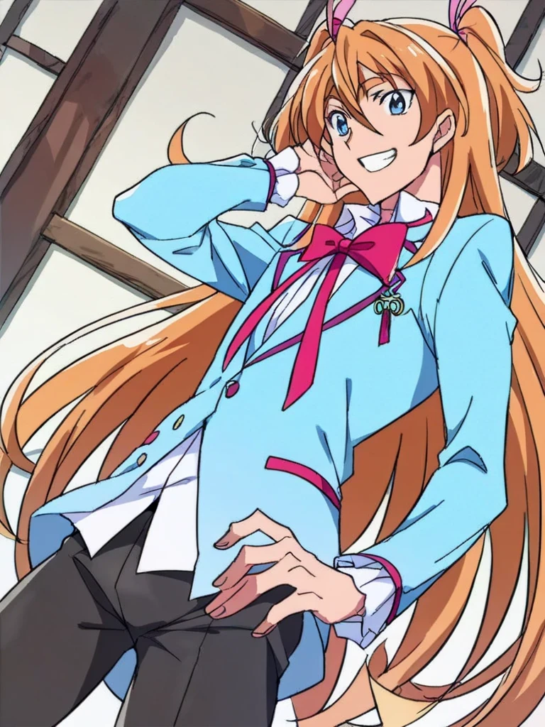 score 9 、score 8 up、score 7 up、source anime、masterpiece、 top quality、 high definition、1boy、hojo hibiki、 orange hair、 long hair、 blue eyes、two side up hair、pink hair ribbon、(male:1.5)、Alone、male focus、(male body:1.5)、 school uniform、 blue blazer 、 Red Neckerchief 、 Long Sleeve 、 white blouse、 blue skirt、 layered skirt 、smile、 Watching Viewers 、black pantyhose、cowboy shot、dutch angle、(manly:1.5)、