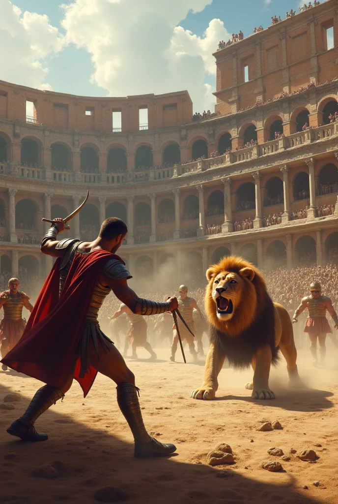 (photorealism:1.2), Two decapitated men in the Roman Coliseum with animals around them
