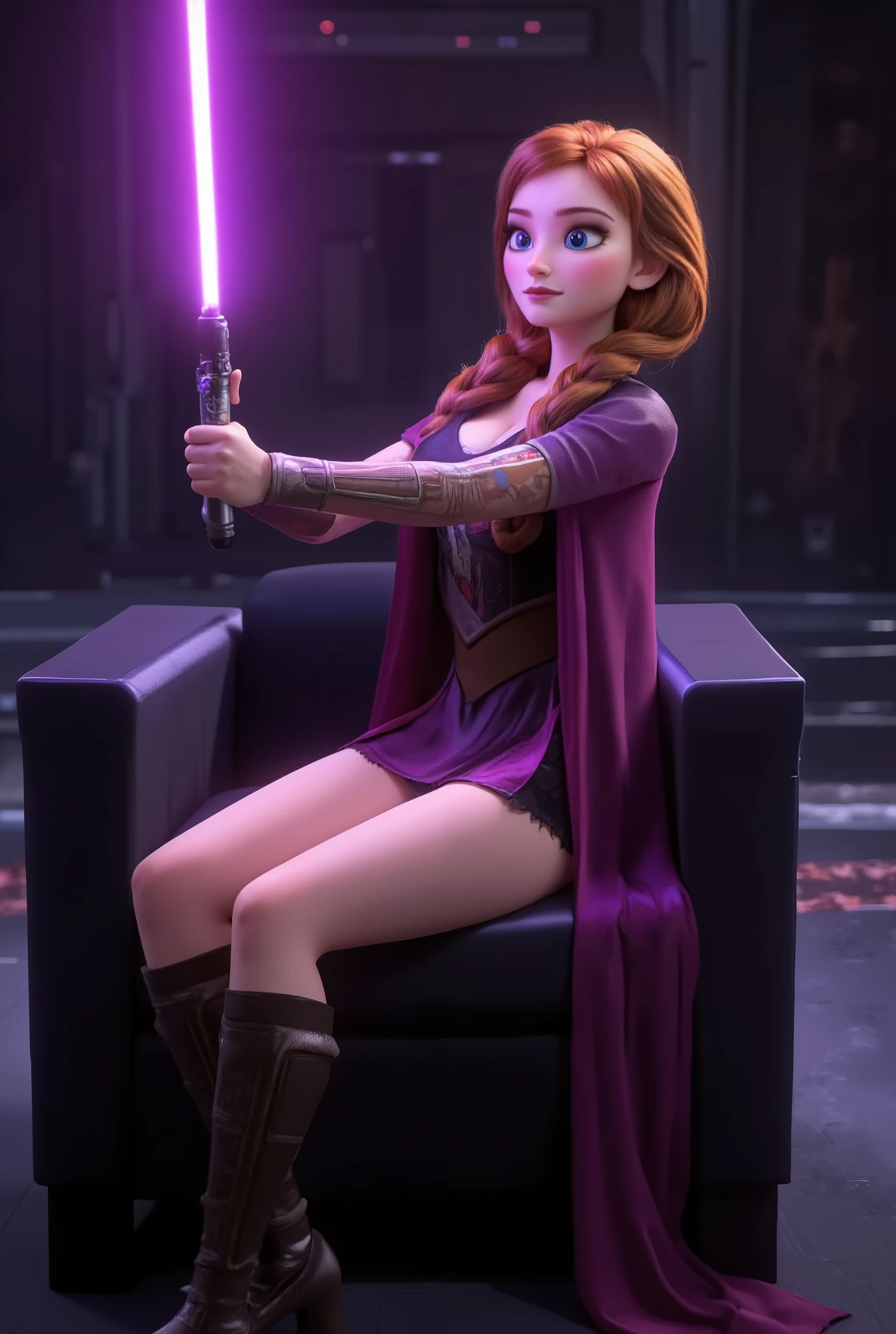 This is a highly detailed CGI rendering of dis4nna, ((perfect anatomy)), (futuristic warrior wielding purple lightsaber:1.3), ((sexy dynamic pose:1.3)), 25 years old, perfect quality, high quality,(sci-fi, star wars, jedi knight, empress), Jaina solo, big blue eyes, red hair in two braided pigtails, athletic female, ((fitness models, muscle detail, detailed muscle)), long athletic muscular legs, athletic round muscular butt, athletic hips, perfect breasts, perfect body, epic, long hair, intricate hairstyle, cute, cropped body, soft skin, soft skin, textured skin ,shining glossy skin, soft abs, athletic waist, (slender body), dynamic angle, dynamic, dynamic shot, sci-fi, futuristic, ((intricate transparent flowing sheer jedi robes showing sexy body underneath:1.2, armor parts on body:1.2, marble armor:1.2, greave, boots)), glowing Kintsugi tattoos on body:1.3, (volumetric lighting:1.2), cinematic, cinematic lighting, reflections, ultra hd, visual effects, graphic effects, ambient occlusion, raytracing, soft lighting, realistic, blum effect, masterpiece, absolutely eye-catching, particles, glow, shining, (intricate cinematic background, on space station, outer space in background, relaxing sitting on her throne, showing off her perfect athletic legs, dimly lit room, seducing viewer, god rays), (beautiful cute face),