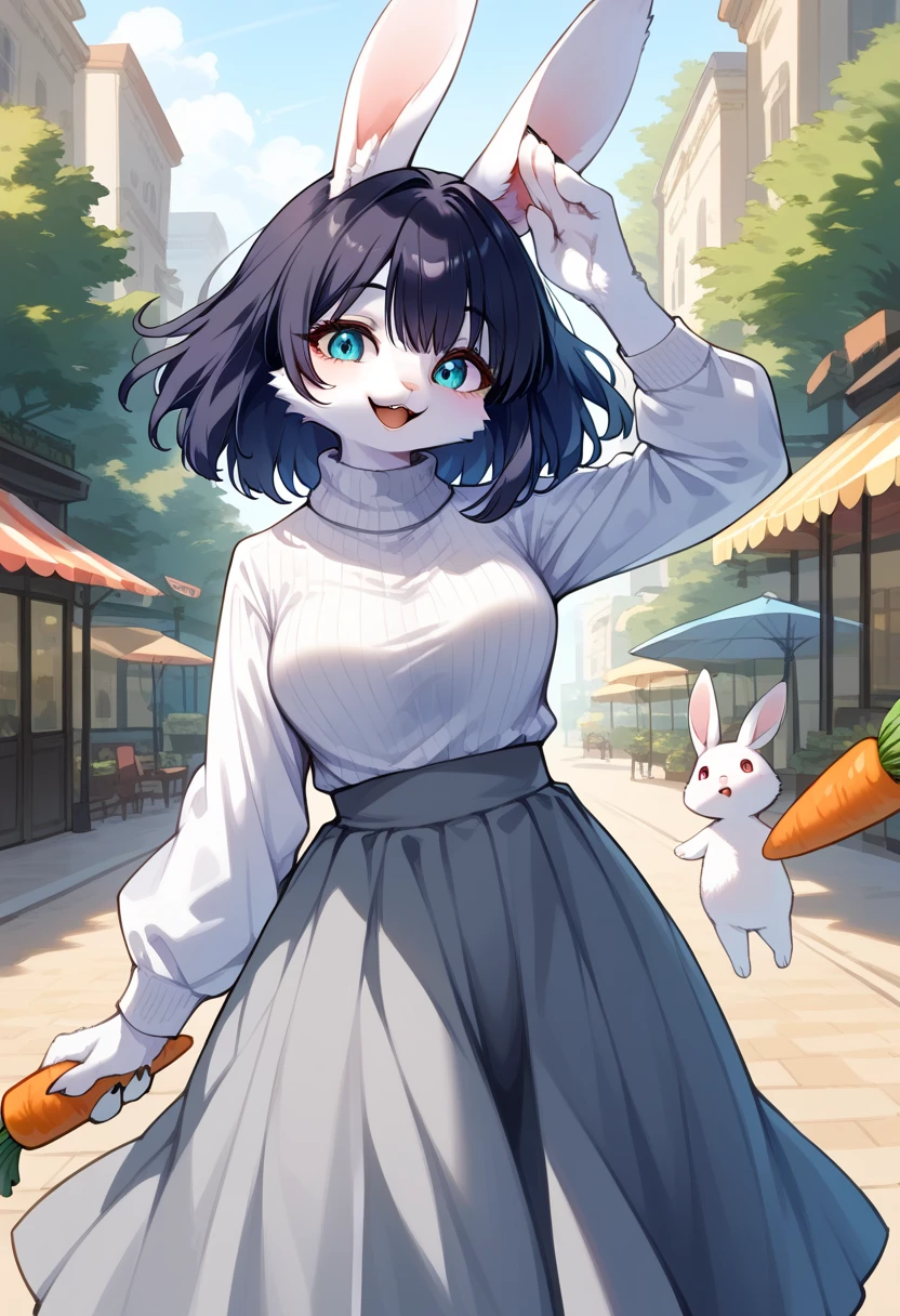 score_9, score_8_ up, score_7_ up, score_6_ up, score_5_ up, score_4_ up,  source_Anime,  top quality,  great quality ,  So Aesthetic, absurdres,  1 woman "Haruna", ( furry , kemono:1.3), White Rabbit, Rabbit girl , Rabbit ears,  Semi Long Black Hair :1.2,  open lips, Azure Eyes , A gentle smile,  gray long skirt ,  White Turtleneck,  Watching Viewers , Alone,  Carrot Background ,  COWBOY SHOOTING , Gray Skirt,  dynamic pose ,(( background blur ))