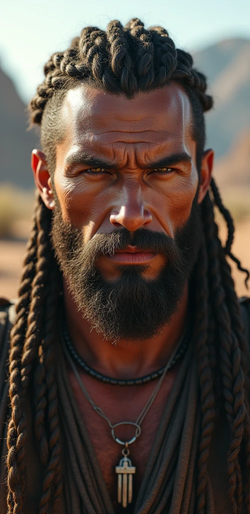 Um Homem com o rosto fechado, sombracelhas largas e grossas, olhos azuis da cor do Mar, long hair with braids, barba grande estilo vikings, forte e com ombros largos.