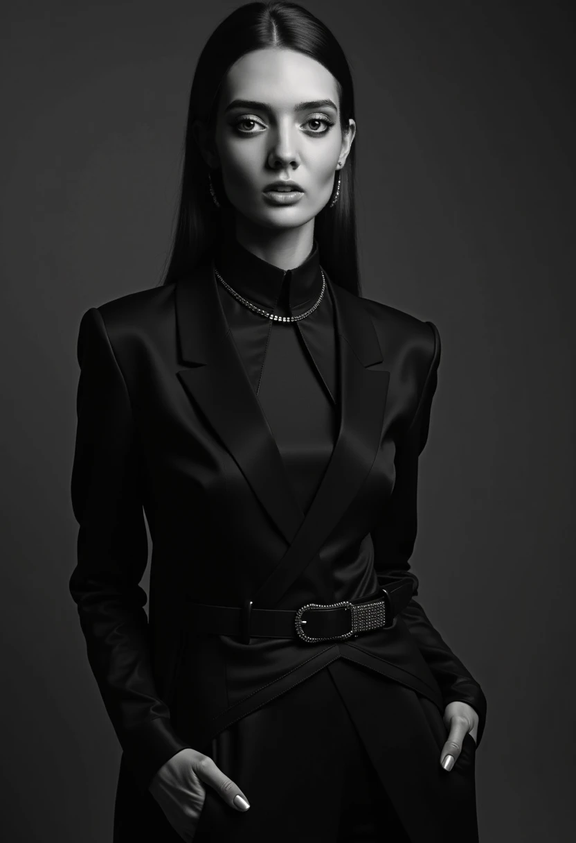 Mujer con traje negro y sombrero sentada sobre una superficie blanca, Chica con traje, con un traje noble negro, Chica de traje, con vestido negro y sombrero, Hembra joven en esmoquin negro, high - end fashion photoshoot, con traje negro, Mujer con traje de negocios negro, Modelo editorial, Stetson negro y abrigo, traje negro, Exquisitos accesorios negros