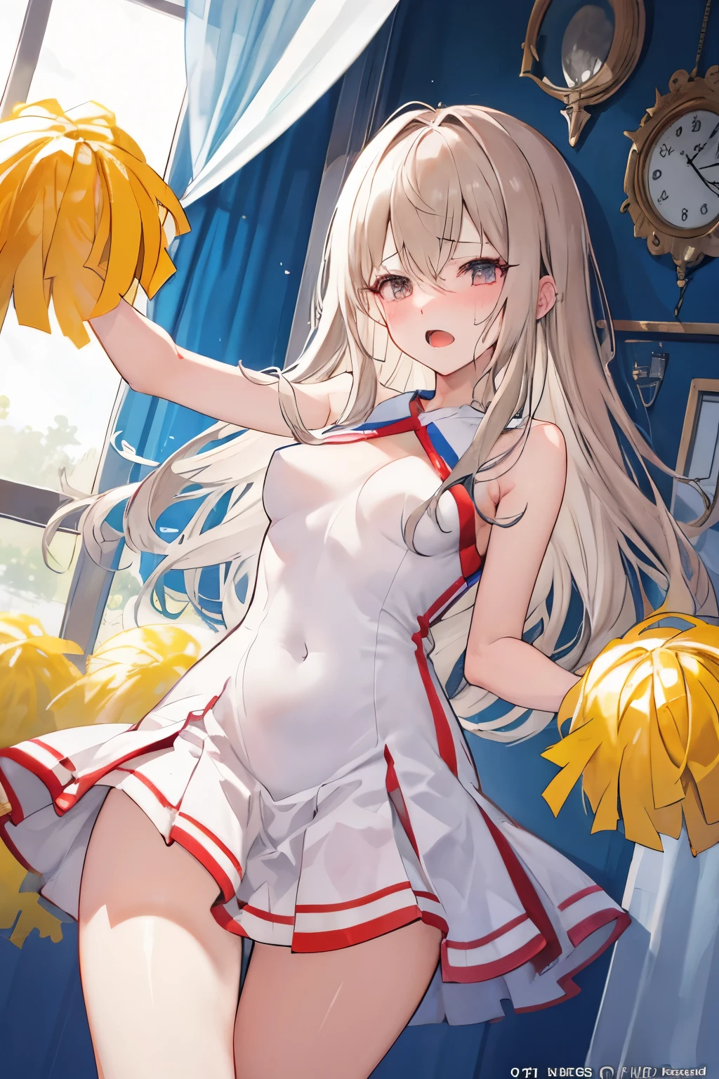 score_9, score_8_up, score_7_up, score_6_up, Highly detailed illustration, Official art, Ultra fine illustration, Ultra high definition, One girl, Blushing, Hime cut, Light brown long hair, Asymmetrical bangs, Breasts, Embarrassed, Squinting eyes, Slut, Open mouth, (Sweat: 0.8), colorful cheerleading outfit, Beautifully designed window frame, (Curtain),