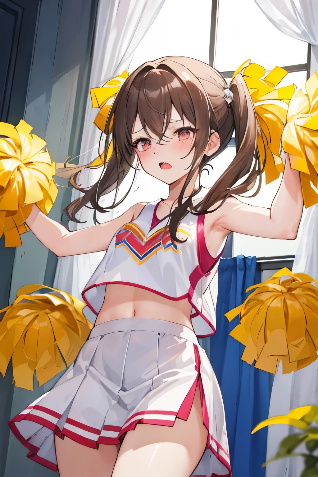 score_9, score_8_up, score_7_up, score_6_up, Highly detailed illustration, Official art, Ultra fine illustration, Ultra high definition, One girl, Blushing, Hime cut, Light brown long hair, Asymmetrical bangs, Breasts, Embarrassed, Squinting eyes, Slut, Open mouth, (Sweat: 0.8), colorful cheerleading outfit, Beautifully designed window frame, (Curtain),
