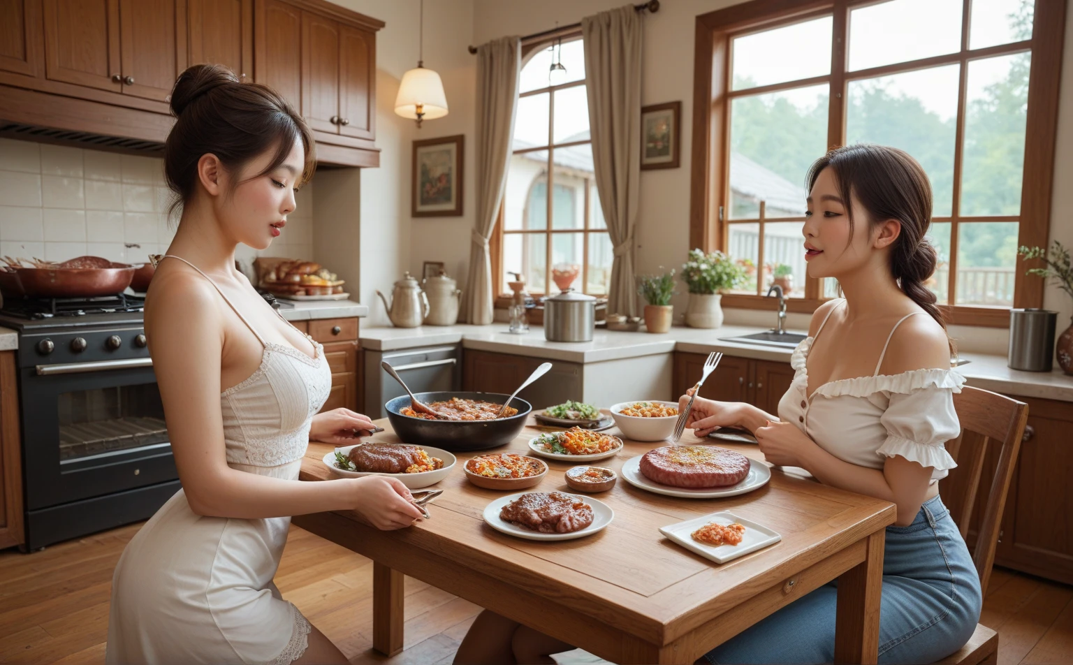 Shooting from above、(((The two of them are lying on their backs on a large table.)))、(2 women),(Very large breasts、Very heavy chest),20-year-old,young woman、Japanese、Colorful Hair, Short Hair,beautiful girl、slender、thin,Glaring expression,(((Completely naked))),(((Beautiful nipples are visible))),Accentuate your breasts,White skin、A large amount of is covering the whole body.、Both arms are down、photograph, Realistic, highest quality, Detailed face,、camp site、barbecue、Outdoor、sunlight、(((Lots of food on the table、A large amount of food around a woman's chest、The two of them are lying on their backs on a large table.)))、Written boundary depth, Bokeh,Watching the audience、Sad face、(((Face is reflected))),(((Exposing her breasts))),(((Exposed nipples))),The fingers are not visible、,(((Exposing her breasts))),(((Exposed nipples))),,(((Exposing her breasts))),(((Exposed nipples))),(2 women),(((The two of them are lying on their backs on a large table.)))、