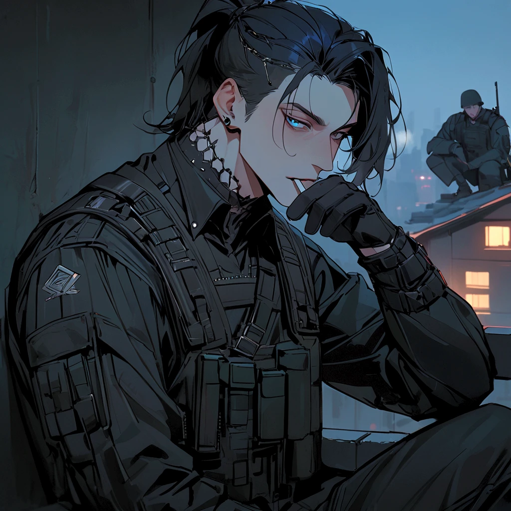 masterpiece, newest, absurdres, safe, high detailed, masterpiece. high detailed, male, relaxed, sci-fi goth, goth male, rude, cool, soldier.soldier goth, goth clothing, cyberpunk goth, Male, Masculine, handsome face, exposed face. Nonchalant, smoking, Handsome male, upperbody, handsome. sitting in a rooftop, blue, shaved sides, ponytail, Blue eyes, Handsome, Black Jacket, Tactical vest, Tactical, soldier, Elegant, black gloves, 