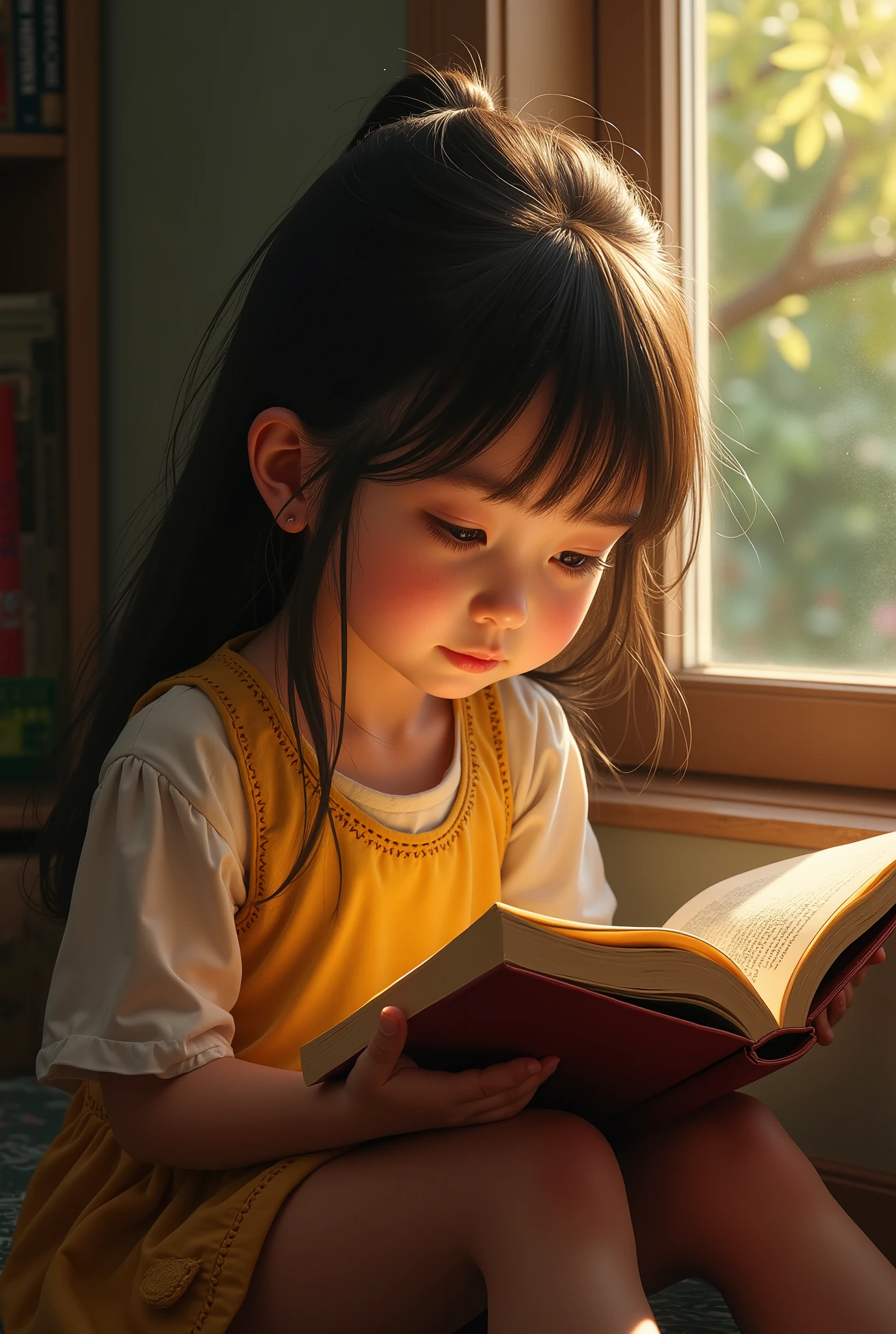 "A young girl in a humble, dimly-lit room holding a second-hand book with a look of wonder and delight. The background shows minimal furniture, reflecting the family's poverty." 8k, pixer style, full hd, disney 
