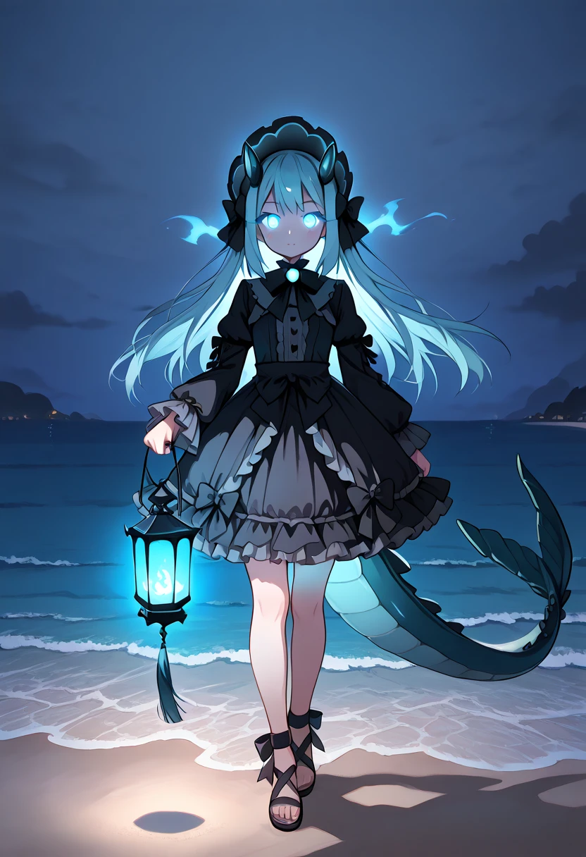 Legendary sea monster Leviathan as an anime girl, black dress, light blue details, glowing eyes, ominous lighting, foggy, standing on a beach at night, holding a lantern, blue glow, horns, sea serpent tail, short, frilly dress, Gothic Lolita style, modest curves, no wings,