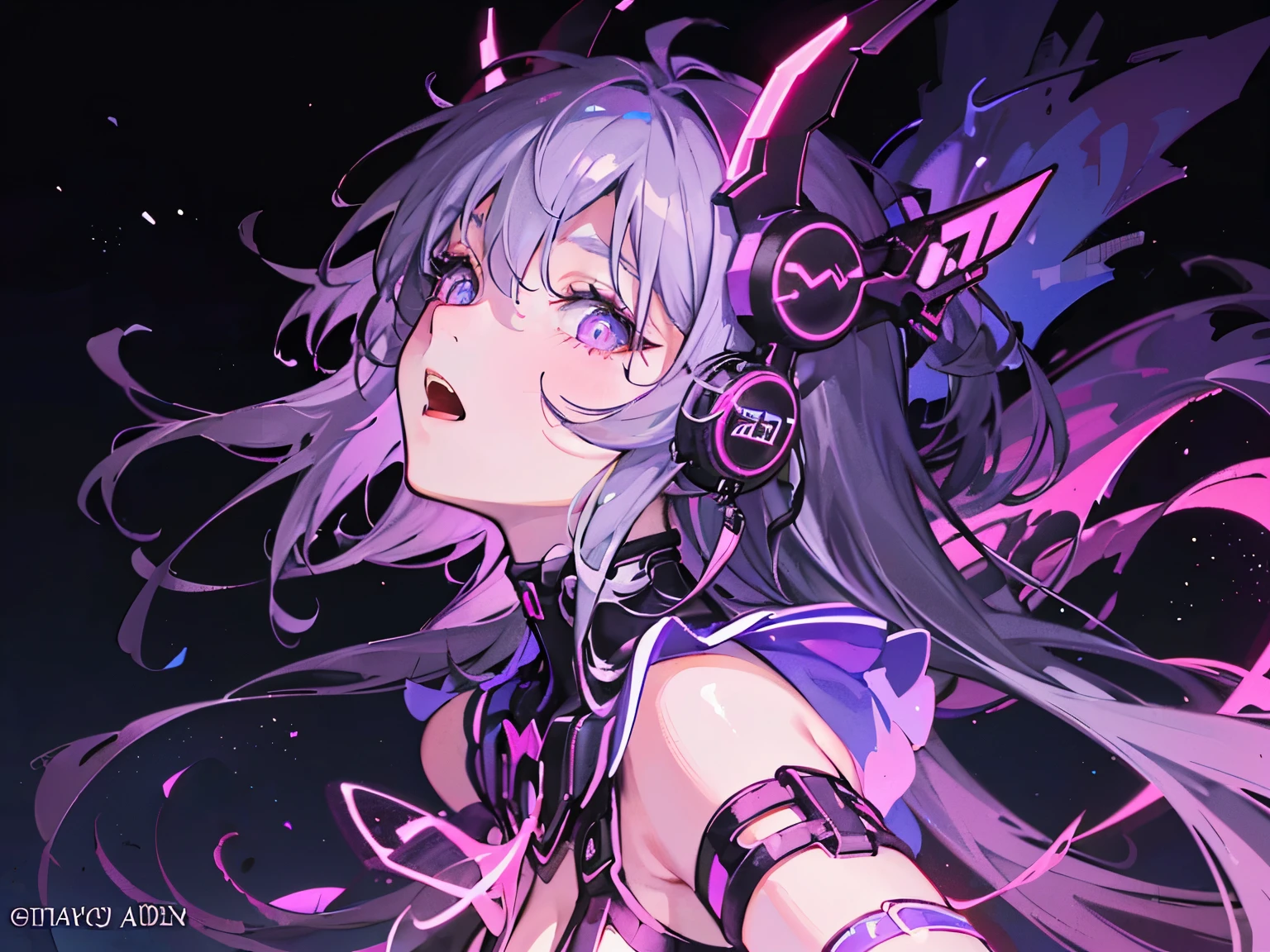 Highest quality、Highest quality、Masterpiece、girl((half、18-year-old、as soon as、Highest Bust、Medium Bust、Wide open chest、Red glowing eyes、Black Ear、Red Mesh、Disheveled Hair、Loincloth、thin、The best valley、Open chest、hair ornaments、Full body view、Black Universe Suit、Random Pause、smile、headphone))、high quality、Beautiful Art、background((Collapsing Ground、no gravity、Floating Object、shooting star、universe))、Depth((Earth))、flight、Flying Debris、Depth of text、movie、Visual Arts、Perfect Art、8K、Genuine、Special Angles