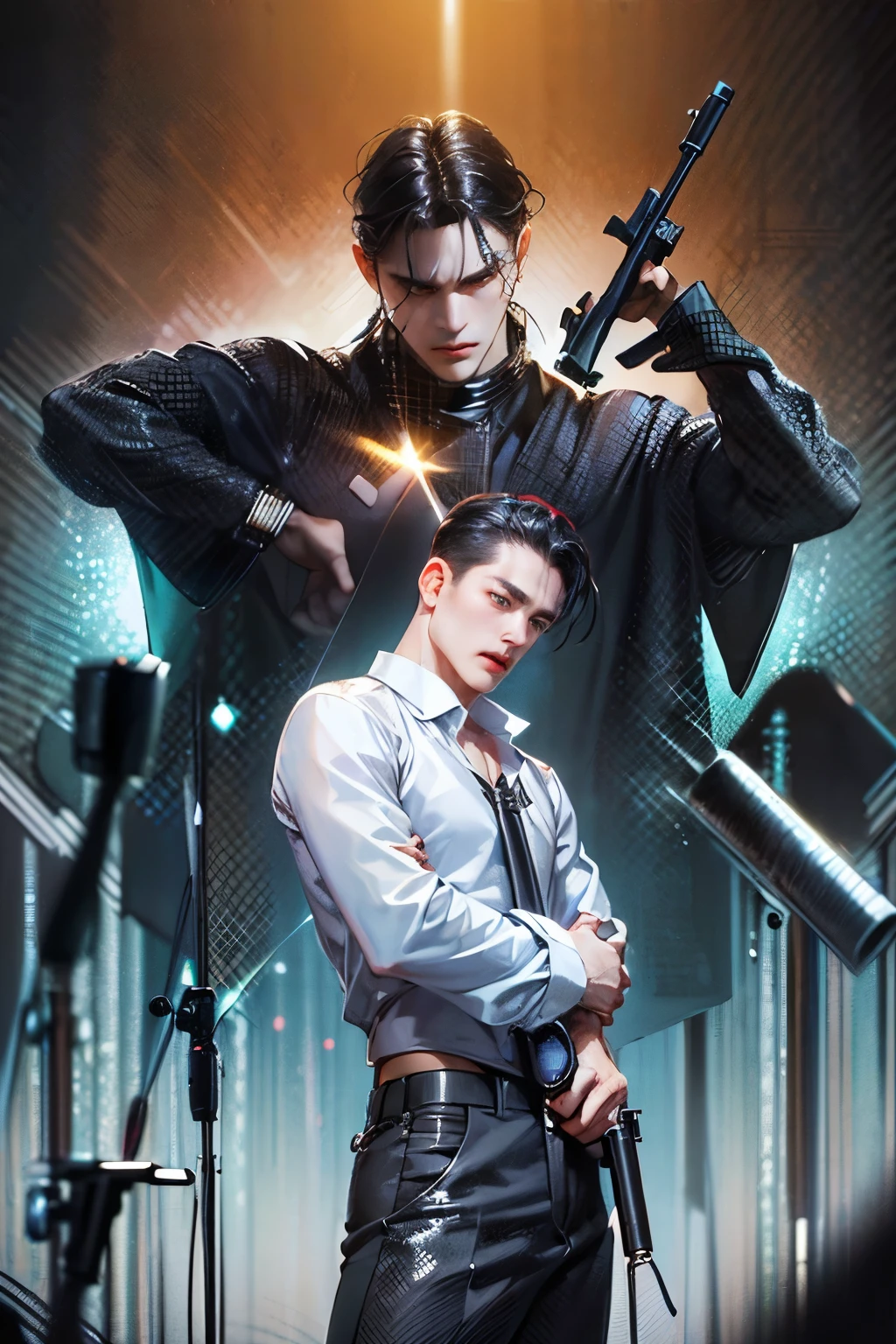 (Best quality,4K,8K,a high resolution,masterpiece:1.2),ultra detailed,(realistic,photorealistic,photo-realistic:1.37),Handsome man standing still holding microphone, idol costume, spanking clothes, black hair, expressionless face, (((Behind him is gun pointed at head by mystery man in black))), being intimidation, on stage, 2 man, 2 person , center man standing still holding mic, behind man holding gun point at center man head, ((gun point at head)) center man standing still holding mic, behind man holding gun point at center man head, ((gun point at head)) center man standing still holding mic, half body, spanking clothes