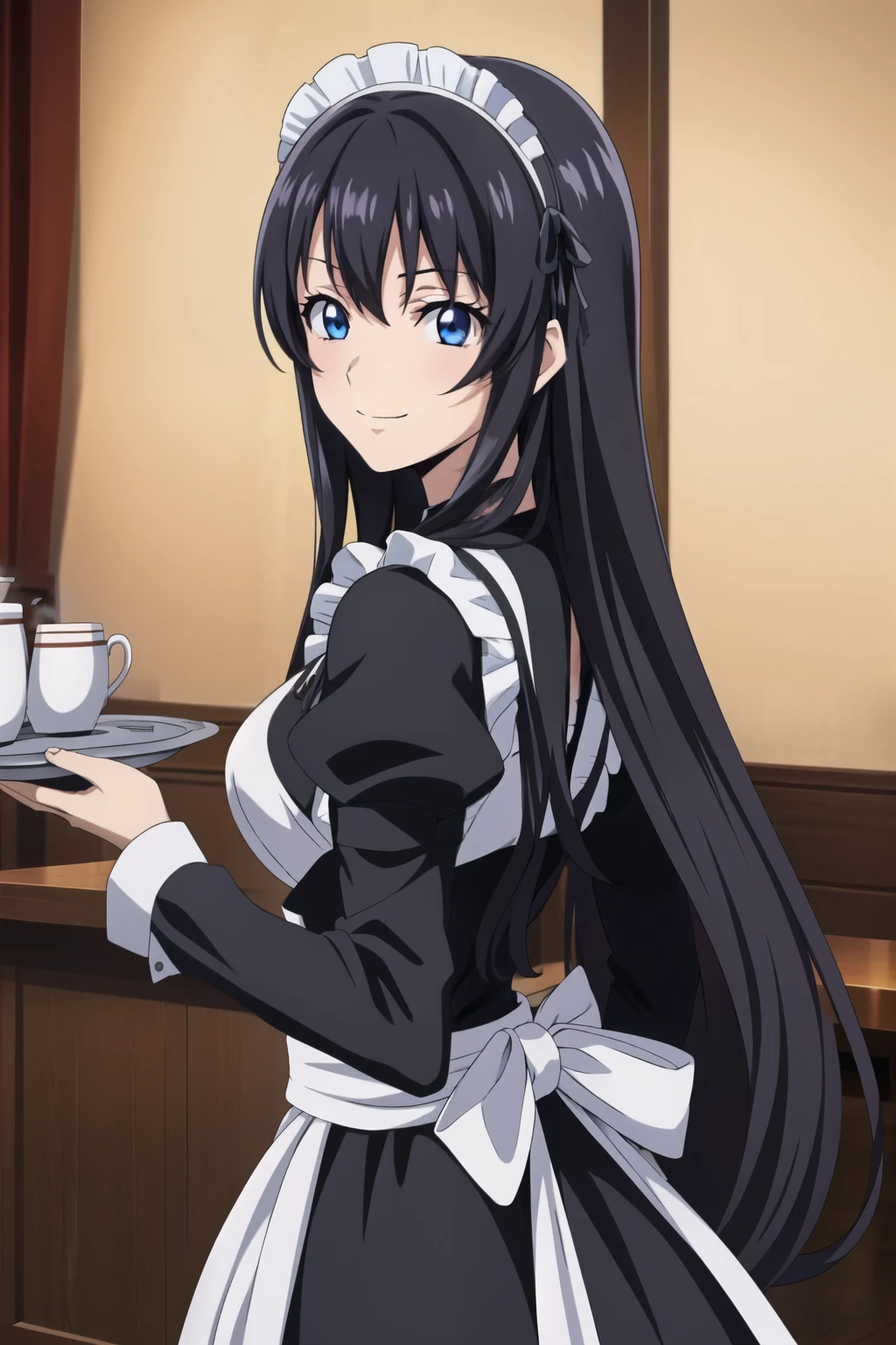 1 girl, cute, black hair, long hair,  hair band, (a café tray on hands),  (smile), (Gothic coffee shop), ((maid)) ((maid)), (anime cels style, Masterpiece, best quality, high resolution, anime colored, anime style, anime key visual, sharp, 8k), beautiful blue eyes, from side