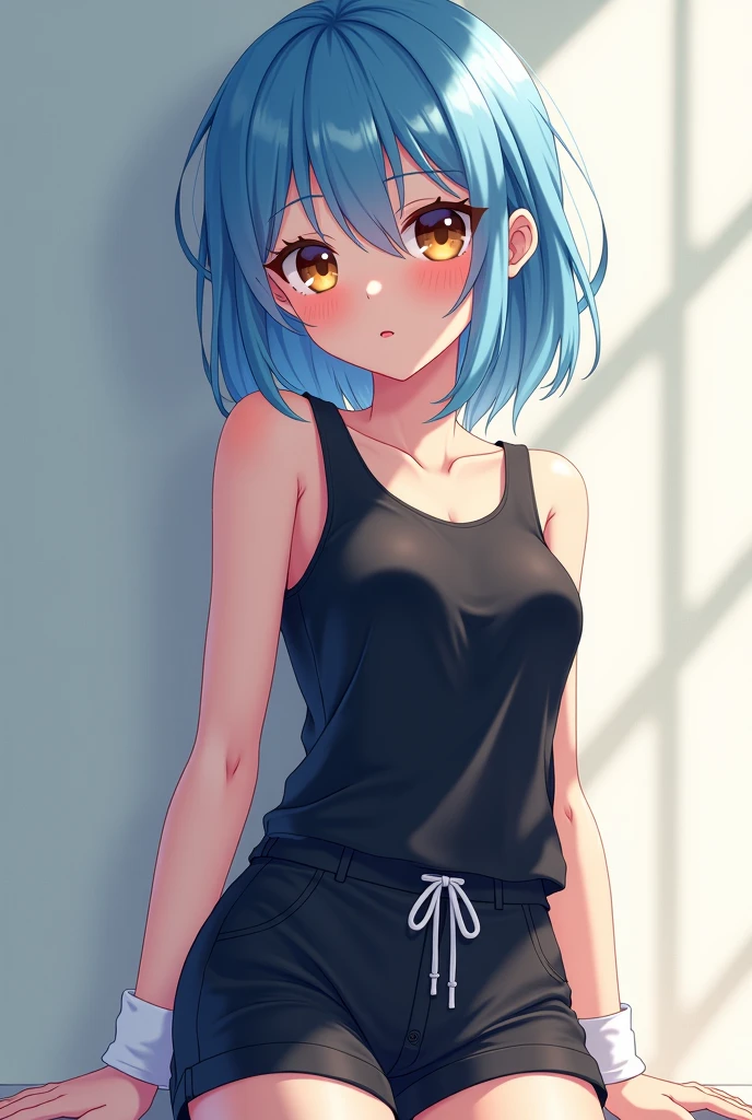 anime girl, shoulder length Blue hair, Pale skin, Hazel eyes, Black tank top, Black shorts, white socks