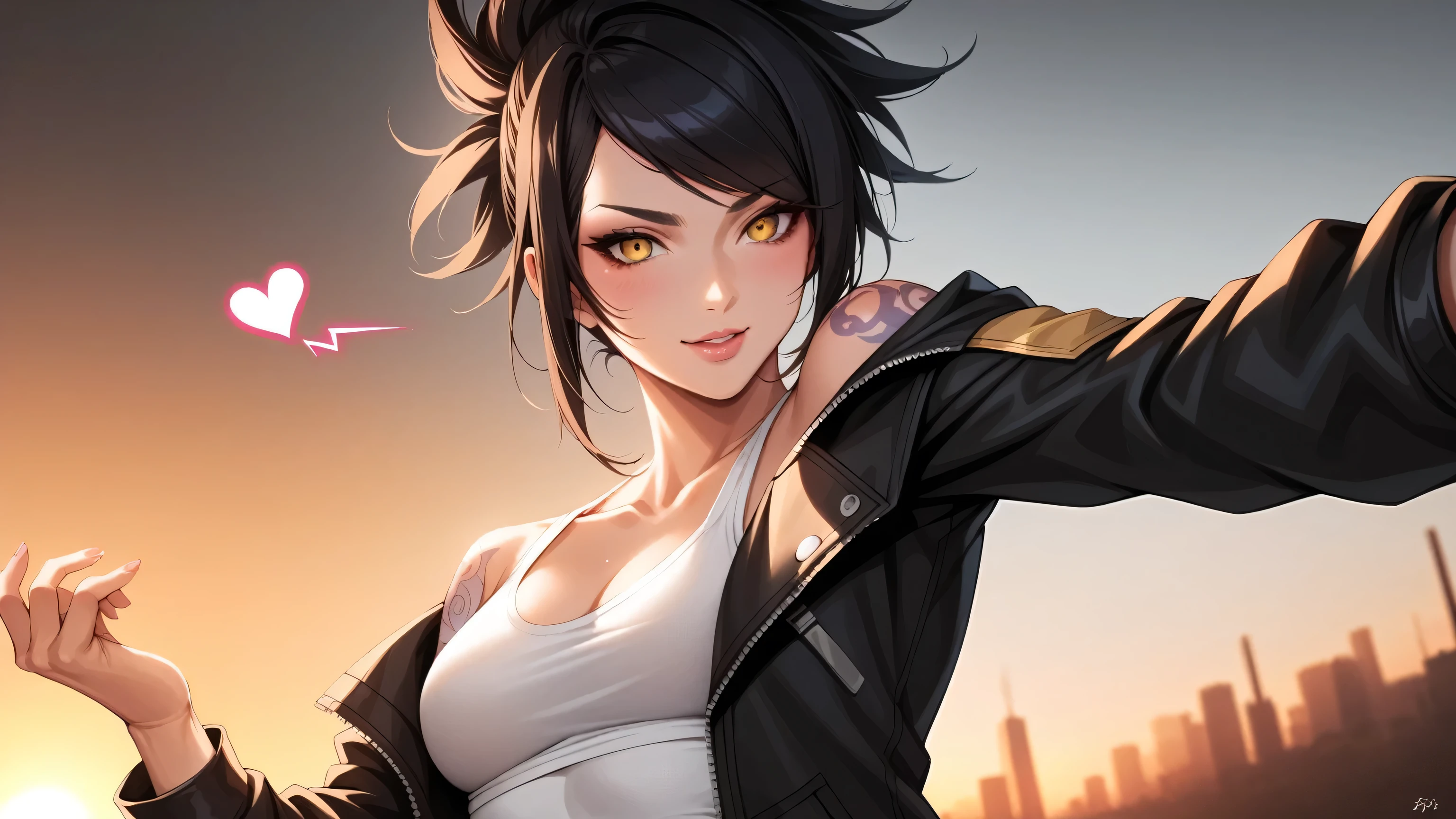 (score_10, score_9_up, score_9, up, source_anime), (fine line work), (best quality), (extremely detailed), (highest quality), (intricate linework), (intricate details), details face, details eyes, more detail XL, dynamic pose, dynamic angle, comic angle, photo from below, focus cleavage, Akali kda prestige, Yellow Eyes, Black Hair, Arm Tattoo, Tattoo, small Breasts, open jacket, bare shoulders, erotic pose, dominant and sexy pose, dominatrix, cowboy_shot, complex background, hearts, dynamics, nsfw