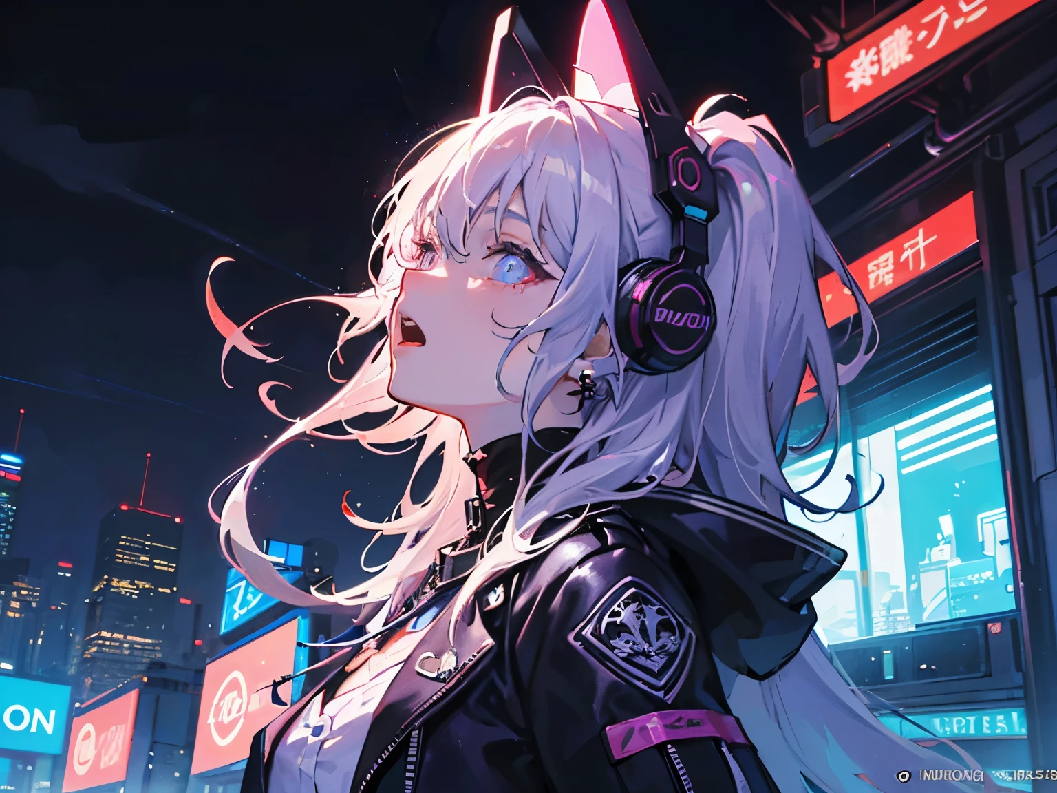 Anime girl with headphones and a cat ears standing in front of a neon ...