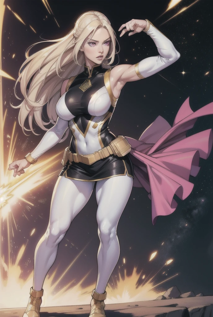  An athletic and dazzling woman ,  Normal breasts, Alone,   white skin , pink eyes,  long blonde hair ,   wearing a tight garment ,  military armor with the colors white, black and gold, superhero style , standing, action pose, space uniform,  Uniform tight to the body , without accessories,  full body , black legs in uniform , sleeveless clothing 