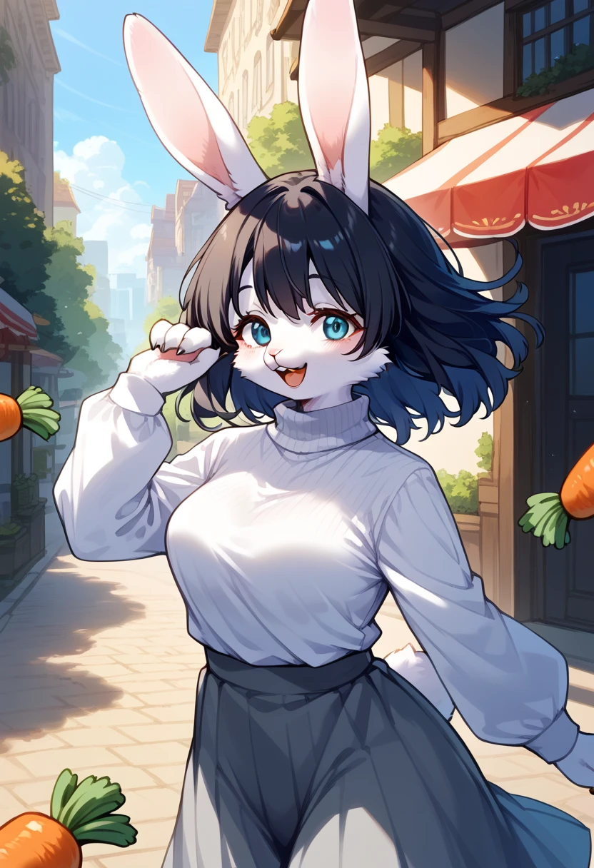 score_9, score_8_ up, score_7_ up, score_6_ up, score_5_ up, score_4_ up,  source_Anime,  top quality,  great quality ,  So Aesthetic, absurdres,  1 woman "Haruna", ( furry , kemono:1.3), White Rabbit, Rabbit girl , Rabbit ears,  Semi Long Black Hair :1.2,  open lips, Azure Eyes , A gentle smile,  gray long skirt ,  White Turtleneck,  Watching Viewers , Alone,  Carrot Background ,  COWBOY SHOOTING , Gray Skirt,  dynamic pose ,(( background blur ))