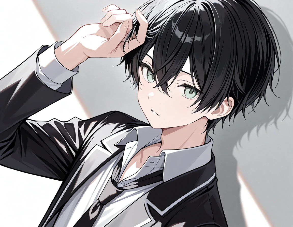  blue gray black hair， gray eyes ，whole body，male，School Uniform