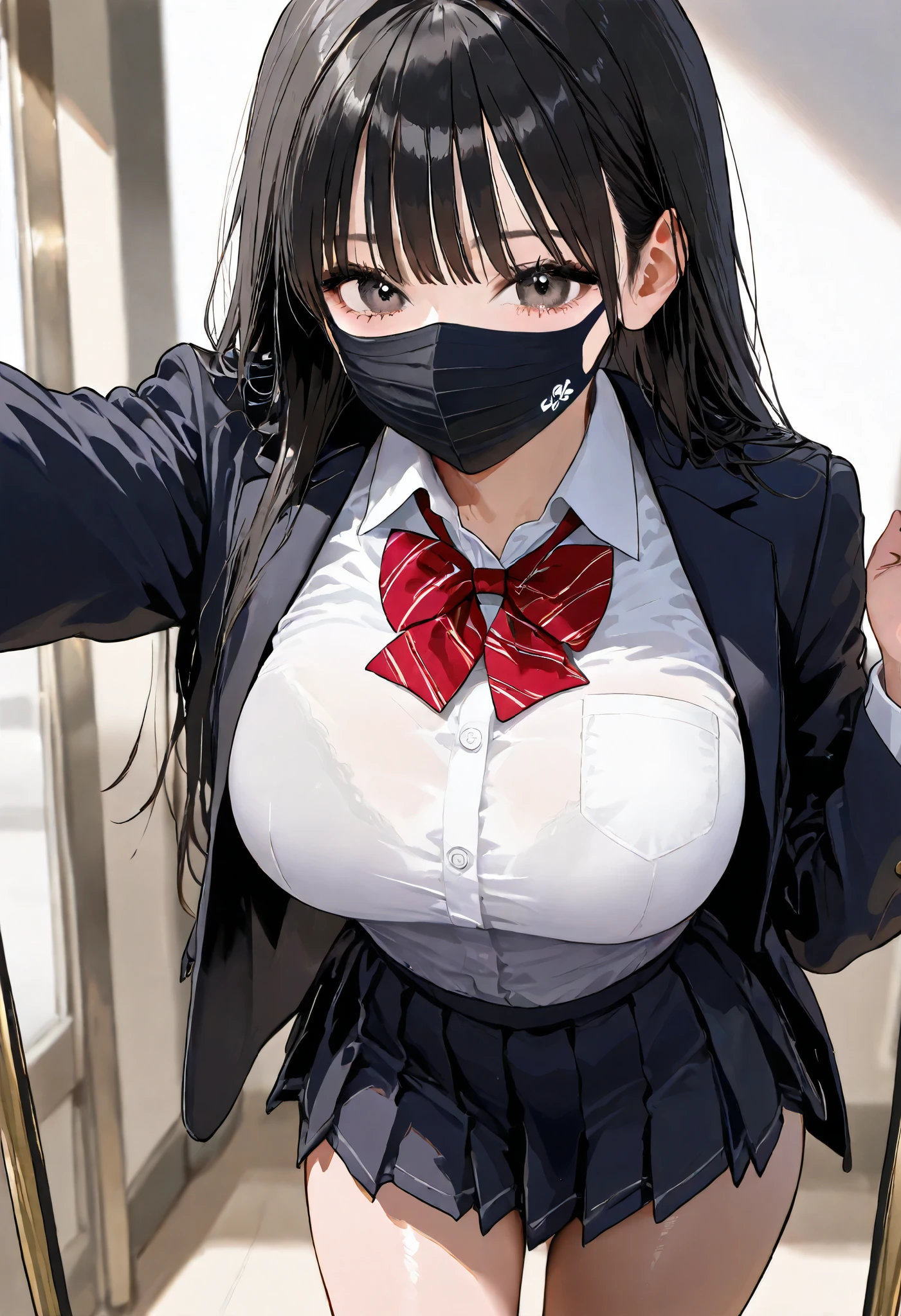 school uniform,  black mask 、 thighs、  black hair、Big Breasted 、  realistic texture 、  selfie 、