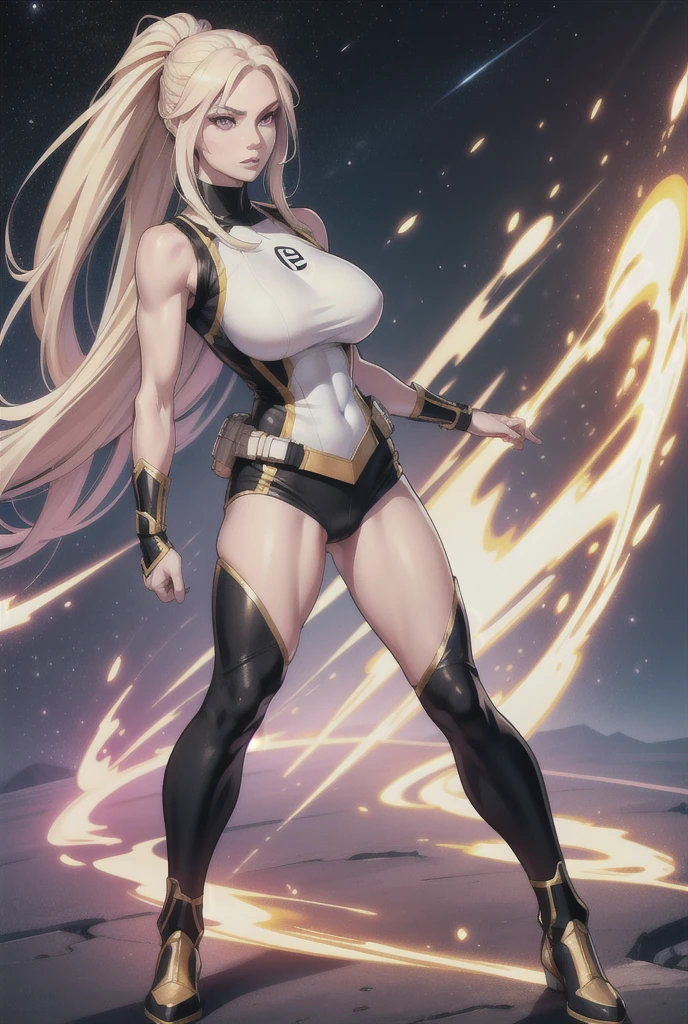  An athletic and dazzling woman ,  Normal breasts, Alone,   white skin , pink eyes,  long blonde hair ,   wearing a tight garment ,  military armor with the colors white, black and gold, superhero style , standing, action pose, space uniform,  Uniform tight to the body , without accessories,  full body , black legs in uniform , sleeveless clothing 