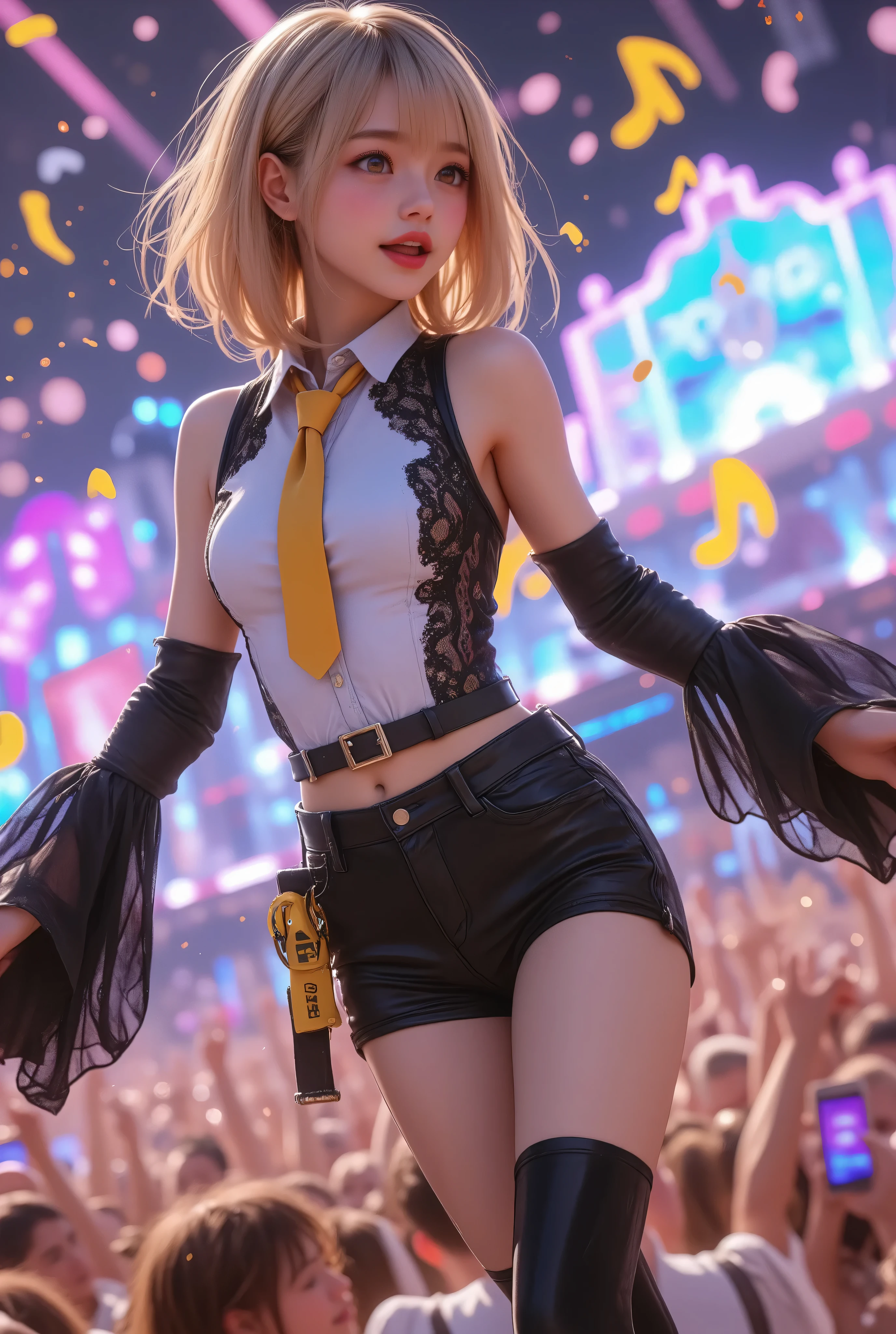 photo realistic,1girl\(cute,kawaii,light yellow hair, short hair,sleeveless white shirt,detached black arm bell sleeves,(arm sleeves are black bell sleeves:1.2),belt,sailor collar,yellow wide tie,white headphones,black short pants,black knee high leg warmers,yellow key strap at belt,open shoulder,singing and dancing,(very cute pose:1.5),(korean idol pose:1.5),dynamic pose,(very cute big smile),looking away\), BREAK ,background\(live stage,colorful confetti,pastel color spotlights,(many colorful music note signs),many audience waving yellow glow sticks,\)