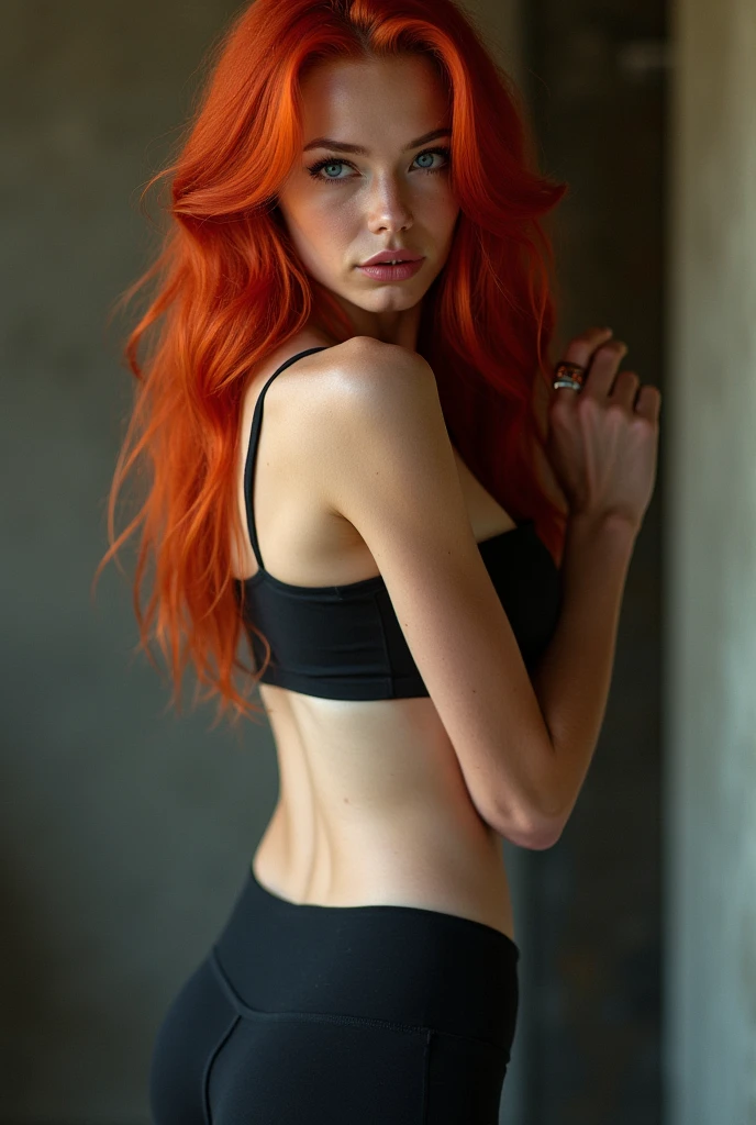 ((full body shot)),A photo of a seductive woman with loose red hair., bored, She's wearing a bandeau top and dress pants.., , mask, (textured skin, skin pores:1.2), (moles:0.8), (imperfect skin:1.1), intricate details, Goosebumps, perfect face, (light freckles:0.9), ((photorealistic):1.1), (raw, 8k:1.2), Dark, Muted colors, blackboard atmosphere, RAW candid cinema, 16mm, Portra 400 color graded film, color notable, ultra realistic, textured skin, notable detailed students, realistic and dull skin noise, visible skin detail, skin fluff, Dry Skin, filmed with cinema camera, detailed skin texture, (blush:0.5), (Goosebumps:0.5), subsurface dispersion