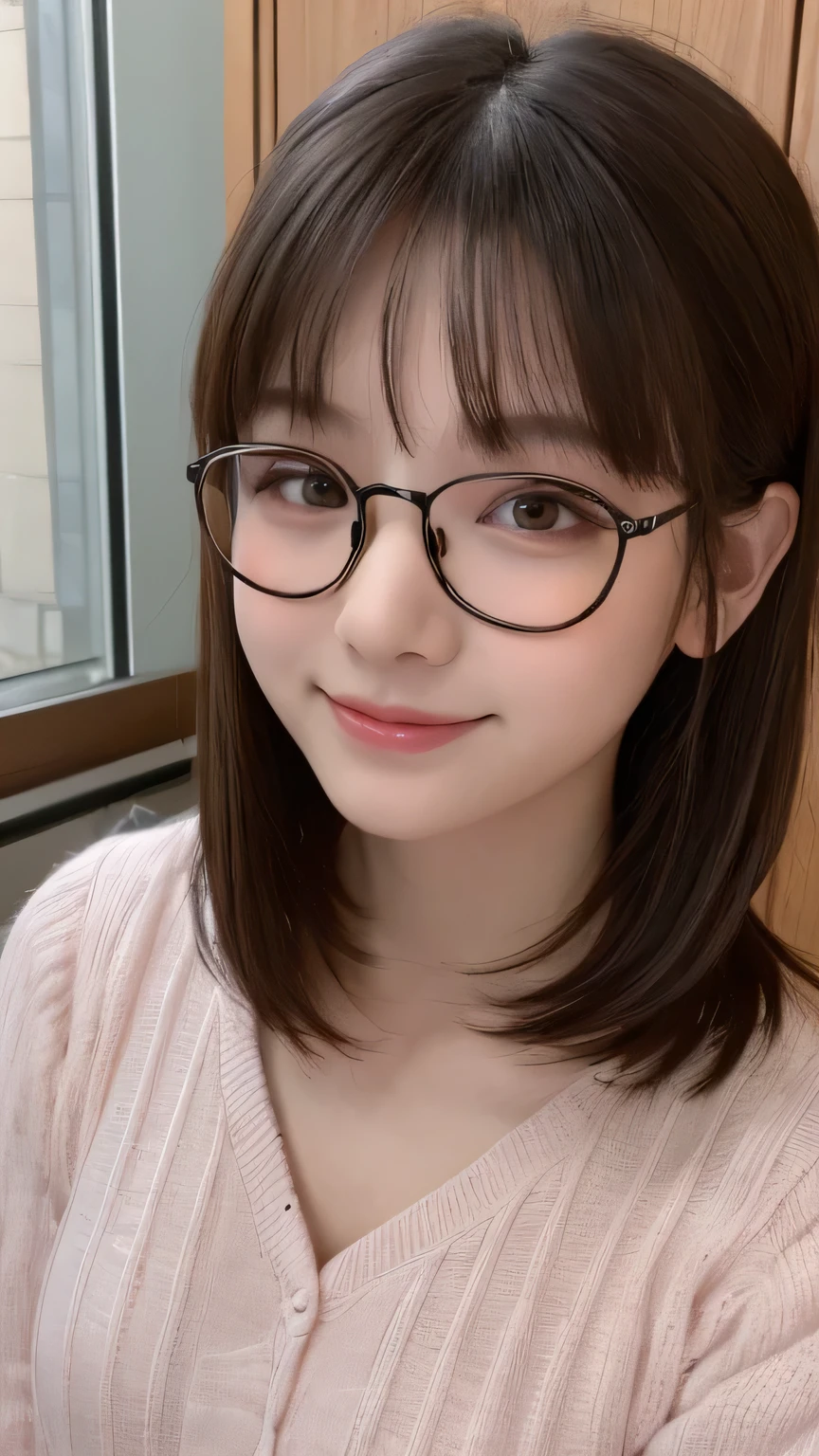 ((Best Quality, 8K, Masterpiece: 1.3)), 1girl, Slim Abs Beauty: 1.3, (Hairstyle Casual, Big Breasts: 1.2), Dress: 1.1, Super Fine Face, Delicate Eyes, Double Eyelids, Smile, Home, drinking coffee , wearing glasses