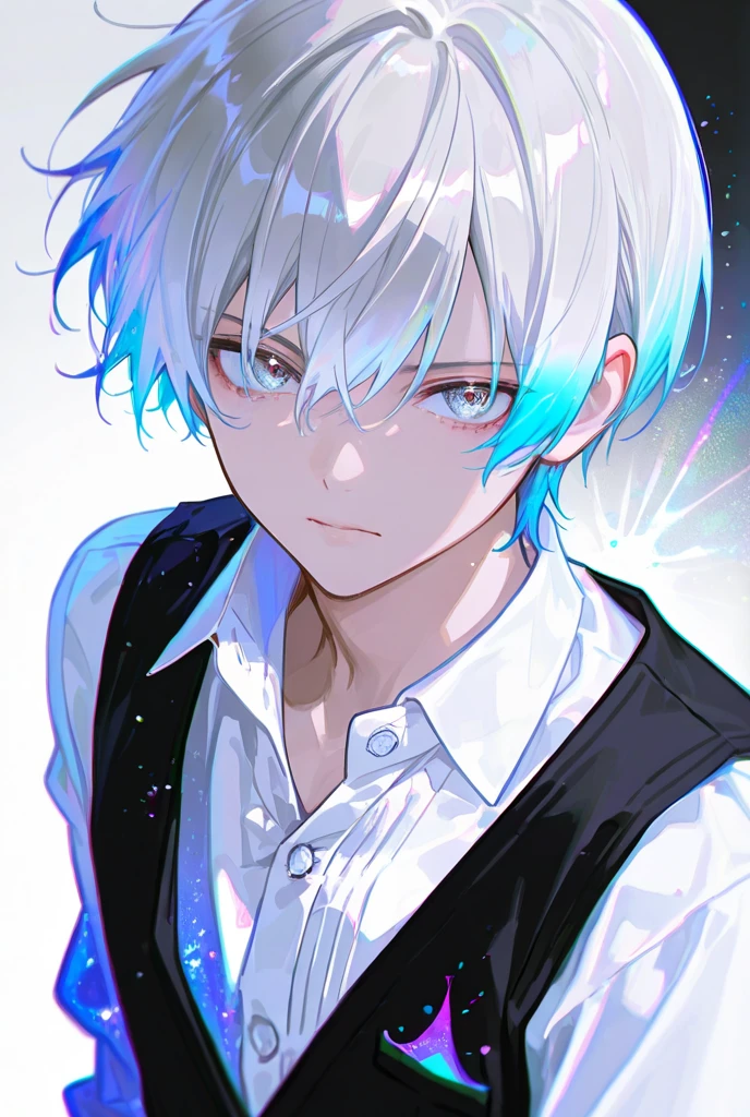  one man, Silver Hair,  Shortcut ,  black gradient color hair, Background Blur,  glitter effect, white buttoned shirt with black vest