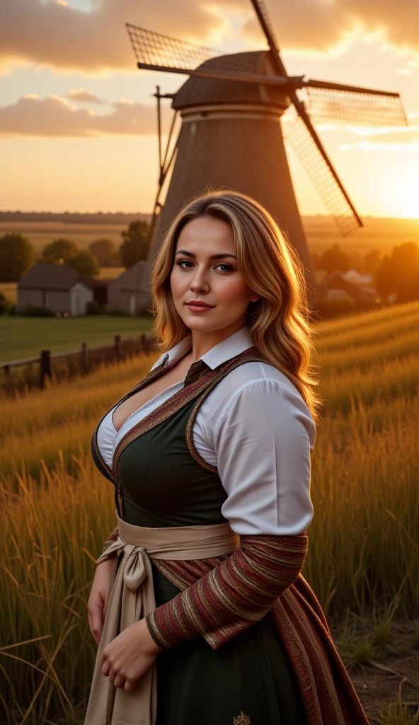 A graceful model in sensual German attire poses under the shadow of a windmill at sunset, the golden light enhancing the textures of her outfit.