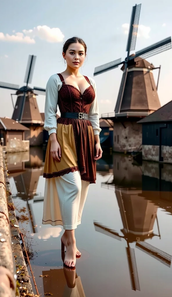 A young woman in layered German-inspired clothing stands barefoot by a canal, her reflection shimmering in the water alongside the windmills.