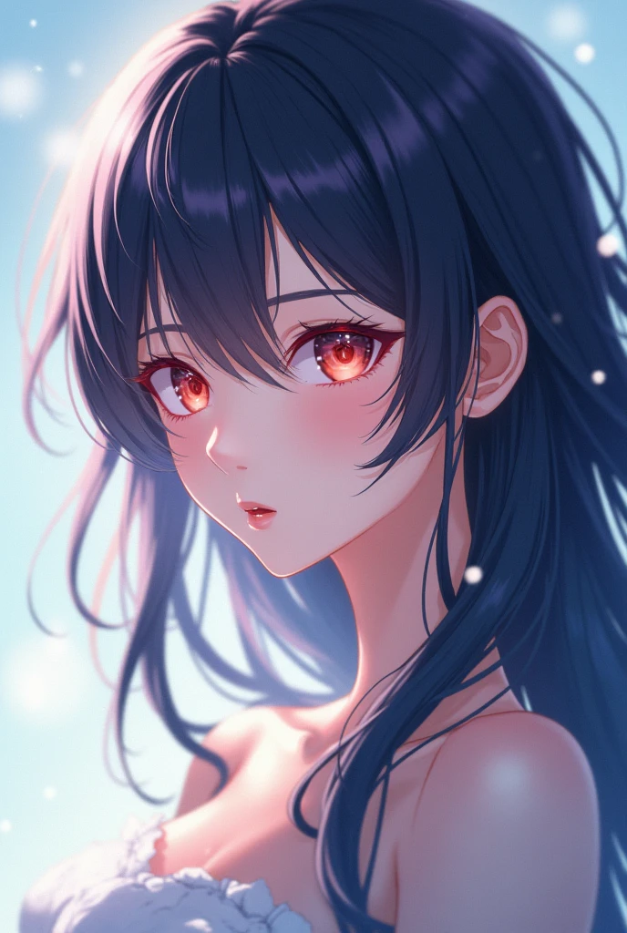a beautiful blue and black kitsune,detailed intricate portrait,1girl,long black hair,slim waist,big breasts,long white tail,heterochromia (one blue eye, one red eye), design,mature woman,relax face,(best quality,4k,8k,highres,masterpiece:1.2),ultra-detaile,fantasy,dark fantasy,dramatic lighting,vibrant colors,Lying in a lake, with a white towel, A dark forest surrounded by fog, in the background a huge red moon reflecting in the lake (Lying horizontally, panoramic view 