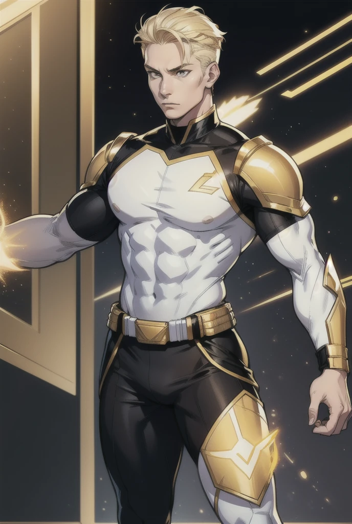 An athletic and dazzling man, Alone,   white skin ,  golden eyes,  short blond hair ,   wearing a tight garment ,  military armor with the colors white, black and gold, superhero style , standing, action pose, space uniform,  Uniform tight to the body , without accessories,  full body , black legs in uniform , sleeveless clothing 