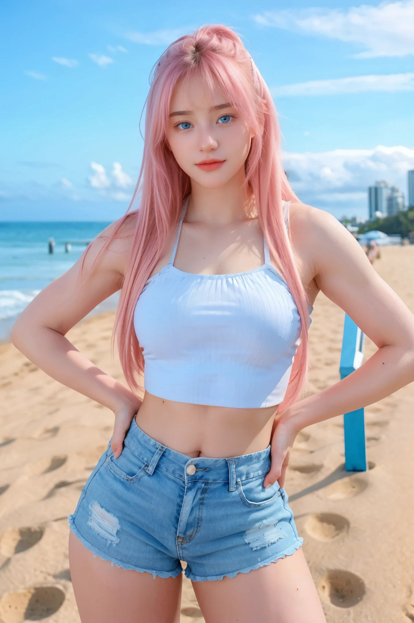 1girl, (Blue Eyes), (smiling :1.2), (Sana Minatozaki), (bright pink makeup :1.2), wide hips, Big tits, big ass, (thin waist: 1.2), (thick and toned thighs), (Best Quality, 8k, Masterpiece: 1.3), Clear Focus: 1.2, Perfect Body Beauty: 1.4, strong abs, Highly detailed face and skin texture, detailed eyes, double eyelids, (blonde long straight hair :1.3), (cleavage Pink sports top :1.2), (black sports shorts), in a park, soccer field in the background
