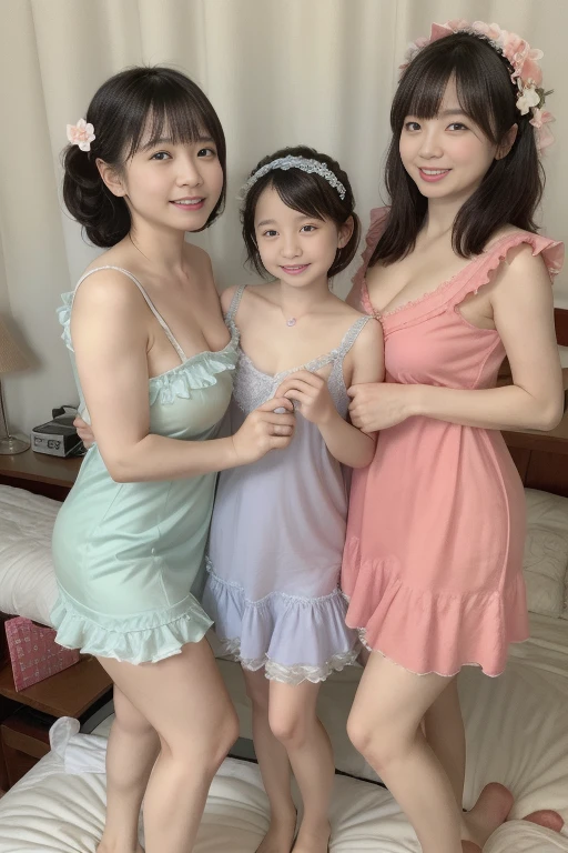Japan mother in lace babydoll, cute korean very little girl 5 years old 130cm tall with bun hair, naked apron 52 years old height 168cm, girl wants mother's breast milk