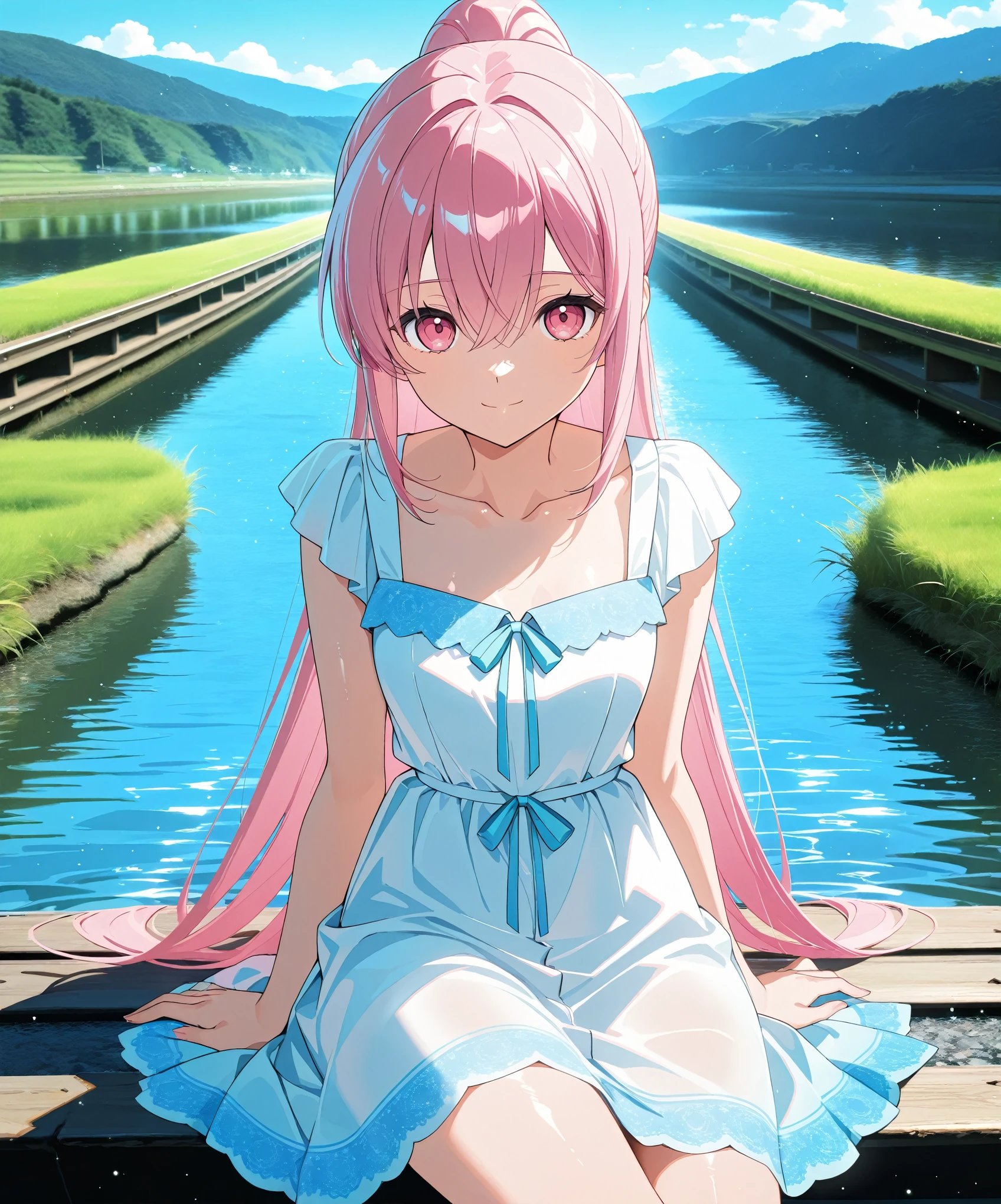 score_9, score_8_up, score_7_up, masterpiece, absurdres, source_anime,1girl, solo, adult, girl focus, adult, very detailed expressive eyes, aesthetic eyes,  bright pink eyes,  pink eyes, beautifully styled hair, very detailed hair, straight hair, bright pink hair, long hair, hair between eyes, (straight hair), (straight ponytail),styled hair,  little smile, looking at viewer, small breasts, shiny skin, healthy skin colour, BREAK
((blue and white) summer dress, multicoloured dress), sunny, sitting on bridge, river,legs in water,  green grass field, half body, cowboy shot, BREAK
HDR, 8K, masterpiece, best quality, amazing quality, very aesthetic, high resolution, ultra-detailed, absurdres, newest, scenery, 
masterpiece, scenery, aesthetic detailed background, best quality, game cg aesthetics,
 beautiful detailed eyes, detailed skin, detailed hair, light particles,  photo background, depth of field, 
(masterpiece), best quality, ultra-detailed, 1024k UHD wallpaper, ultra-high resolution, depth of field, HDR, Ray tracing, RTX, high saturation, photon mapping, best texture quality, best compotitions, (extremely detailed CG 1024k wallpaper), High Details, Detailed face, Detailed Clothes, Ultra HD Photo, Perfect Face, expressive eyes, bright colours