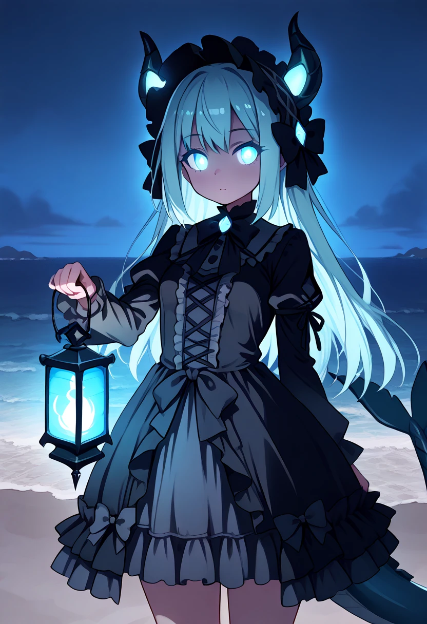 Legendary sea monster Leviathan as an anime girl, black dress, light blue details, glowing eyes, ominous lighting, foggy, standing on a beach at night, holding a lantern, blue glow, horns, sea serpent tail, short, frilly dress, Gothic Lolita style, no wings, teenage girl, 19 year old, curvy