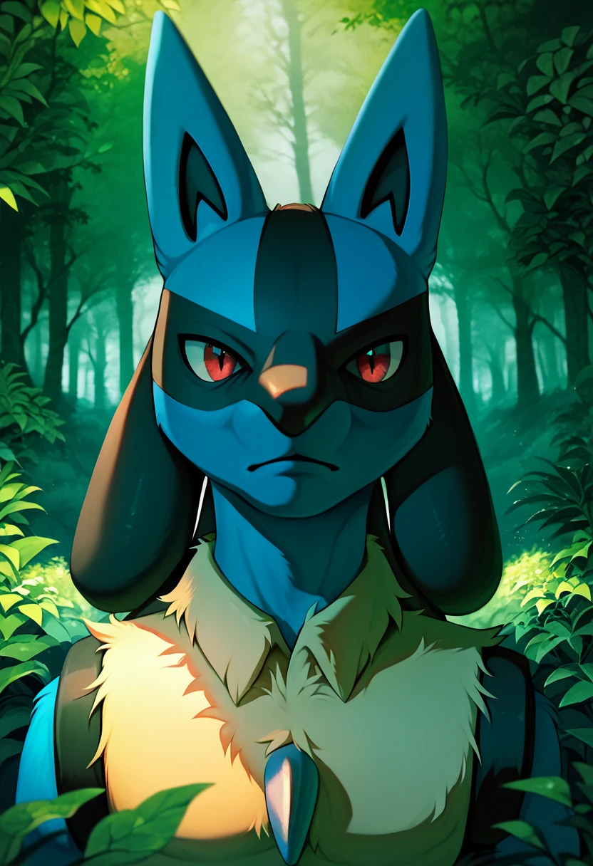 A highly detailed, cinematic and photorealistic image of a Male Lucario Pokemon engaging in intimate relations with a female Pokemon trainer in a lush, verdant forest setting, with dramatic lighting, vivid colors, and a sense of mood and atmosphere.