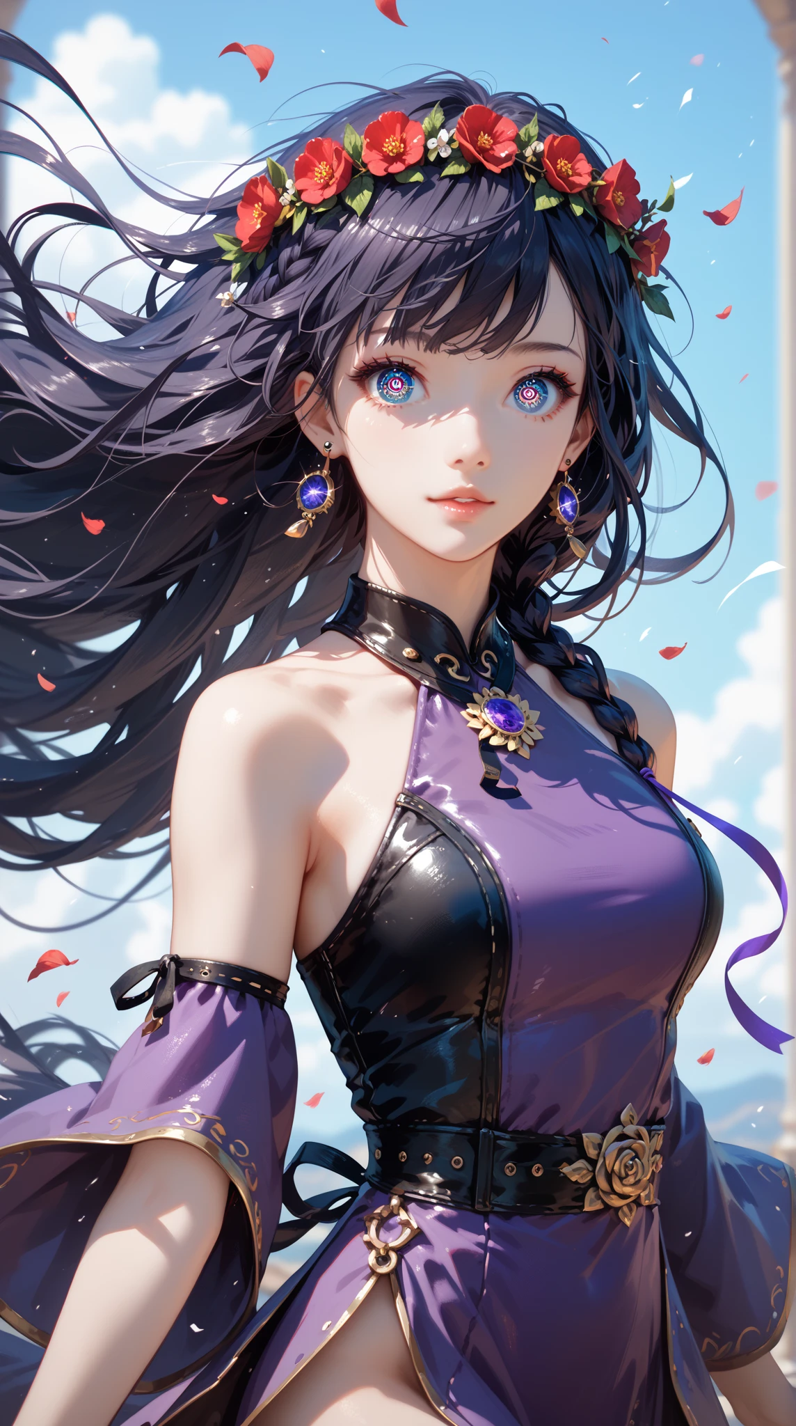a girl with sinister eyes colored in purple, normal breast, wears very stylish combat outfits in anime, long black hair, she does not smile, with sinister background with sky in sight, on her outfit is clearly written "xenoblade "