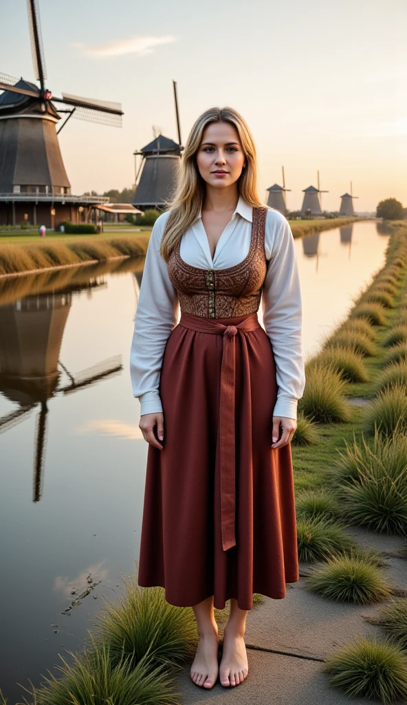 A young woman in layered German-inspired clothing stands barefoot by a canal, her reflection shimmering in the water alongside the windmills.