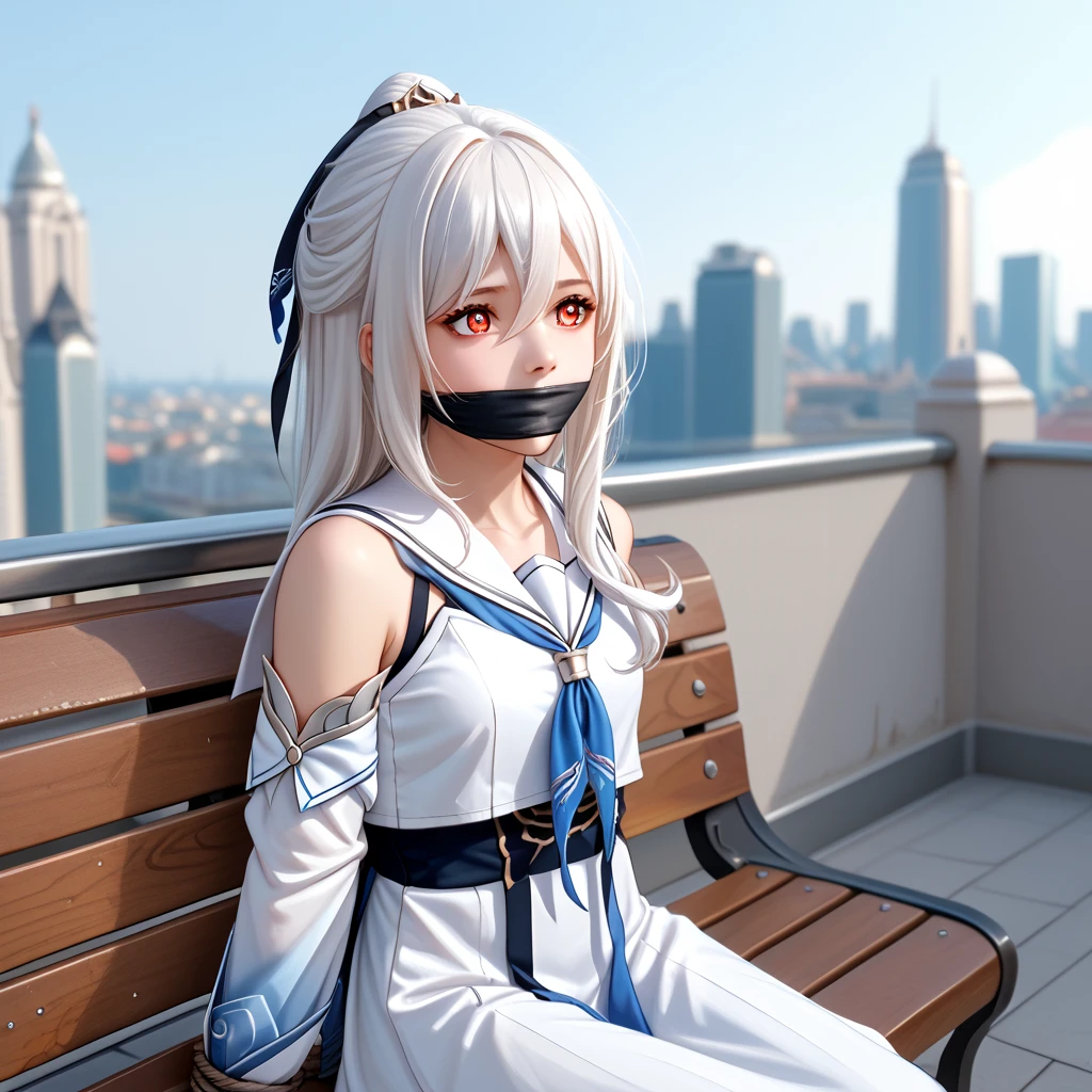 ((masterpiece)),(best quality), ((detailed face)), ((detailed eyes)), soft light, loli. white hair, long hair, hair between eyes, red eyes, serafuku, detached sleeves, white sailor collar ,white scarf, floral scarf, white cape, sitting on bench, city, blue sky, coffe near bench, bondage, (arms tied up), (arms tied behind back), (wrist tied behind back), otm gagged, black gagged, panic, look away,
