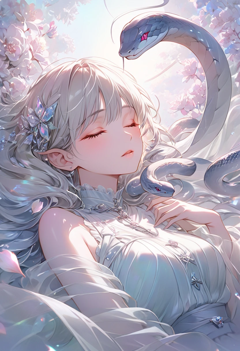 A dreamy, ethereal portrait of a fairy woman lying with her eyes closed, surrounded by sparkling light and iridescent shimmer. Her hair flows silky and graceful, its soft silver-blonde hue reflecting the ambient light. She wears a delicate translucent fabric adorned with shimmering crystals that seem to become one with the luminous background. A thick serpent, white and iridescent with light, is coiled around the woman's body. The snake faces forward. The overall color palette is a mix of pink and soft pastel tones, with the background creating a magical effect like a sunny sky. Her expression is calm and peaceful, with a gentle blush on her cheeks that accentuates her delicate features. The lighting is soft and diffused, enhancing the shimmering details of her clothing and surroundings. The faint pink petals and serpentine patterns are faintly visible and intertwine with the overall composition, adding depth and mystery to the image. --ar 9:16 --v 6.1