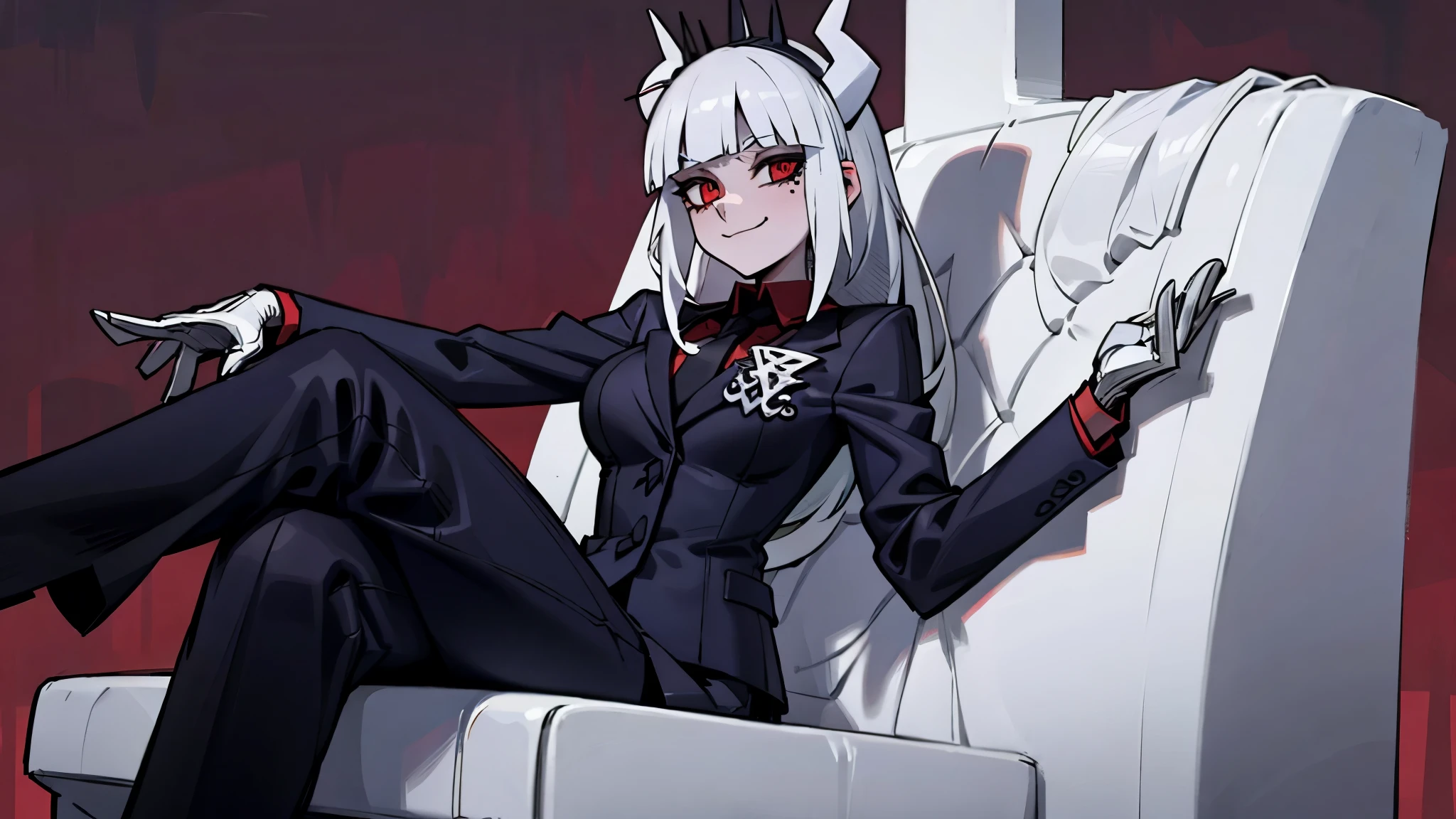 female character lucifer from helltaker, long straight white hair with bangs, red eyes, mischievous and seductive smile, sitting on a hellish throne with crossed legs, black female suit, red shirt and black tie, white horns, simple crown with spikes, demon tail, image that demonstrates superiority of the character and environment and sexy posture, high definition, high resolution, intricate details