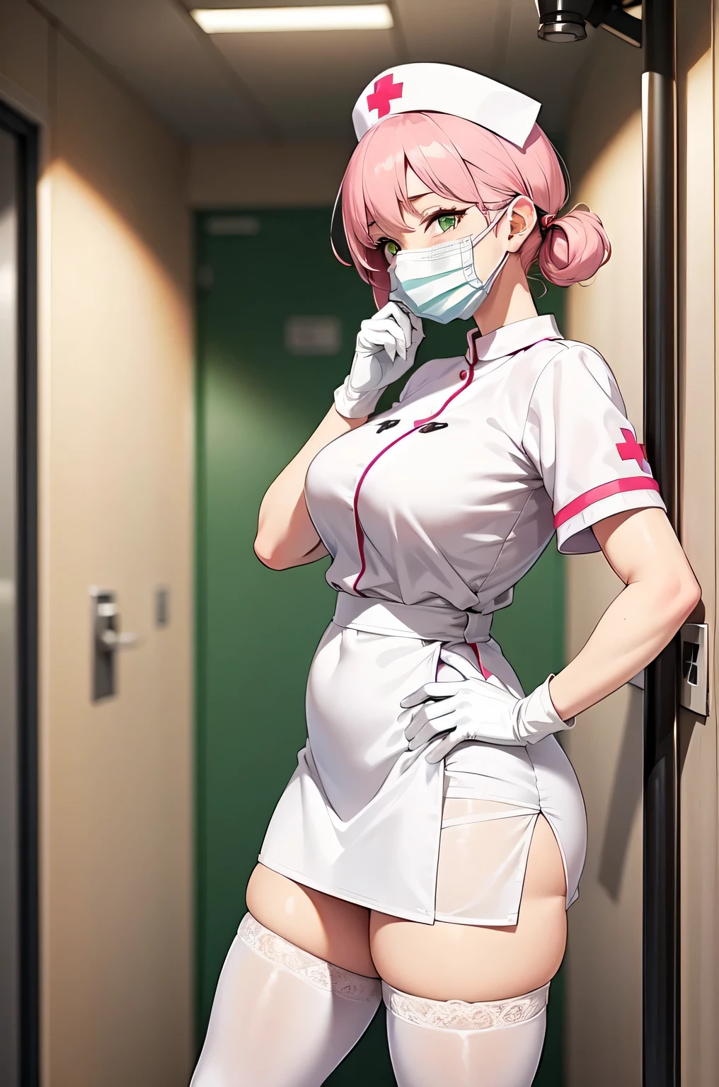 1woman, solo, nurse, white nurse cap, white nurse uniform, ((white legwear, zettai ryouiki)), white gloves, long hair, purple hair, red eyes, ((white surgical mask, covered nose)), standing, ((hospital room)), sharp outline, short sleeves, mature female, 35 years old, best quality, masterpiece