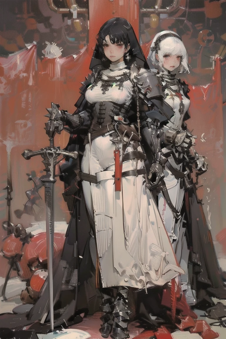   female 1,  High Definition Art , Girl in armor,  big breasts:1.2,   holding a sword and shield  , gigantic breast, buster-sword  ,  armor,  full body, glass,  a nun with a black veil, fight posing