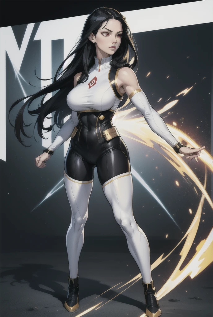   An athletic and dazzling woman ,   Normal breasts, Alone,  white skin ,  red eyes art,  long black hair , wearing tight clothing , May,  military armor with the colors white, black and gold, superhero style  , standing, action pose, space uniform,   Uniform tight to the body  , without accessories,   full body  ,  black legs in uniform  , sleeveless clothing 