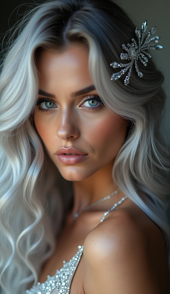 Russian girl sits elegantly on a modern soft chair, looks straight, Sits up straight, Against the backdrop of a dark, cozy living room, light gray long hair, good illumination of the face, realistically, photo, Evening hairstyle with sparkling hairpins, decorations