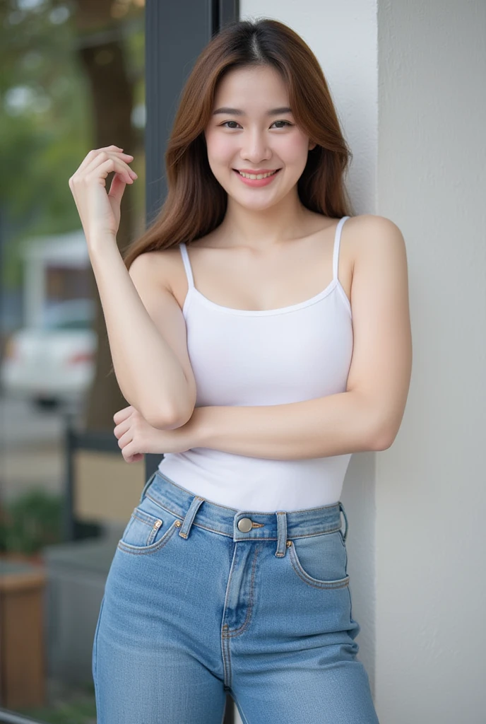   . A Korean girl with long hair   ,   Natural Brown Hair  ,   Middle chest,  smile, Saw a white tooth ,   wearing a white tank top ,,  Long blue jeans , RANDOM GESTURES, stand ,   daylight   ,   daylight   , there in a cafe    ,chubby model