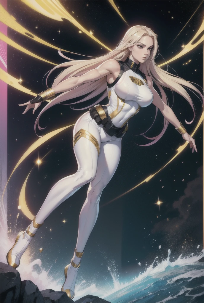   An athletic and dazzling woman  ,   Normal breasts, Alone,     white skin  , pink eyes,   long blonde hair  ,   wearing tight clothing  ,   military armor with the colors white, black and gold, superhero style  , standing, action pose, space uniform,   Uniform tight to the body  , without accessories,   full body  ,  black legs in uniform  , sleeveless clothing 