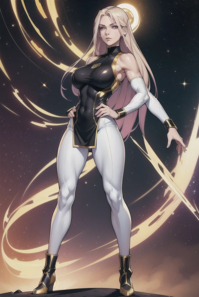   An athletic and dazzling woman  ,   Normal breasts, Alone,     white skin  , pink eyes,   long blonde hair  ,   wearing tight clothing  ,   military armor with the colors white, black and gold, superhero style  , standing, action pose, space uniform,   Uniform tight to the body  , without accessories,   full body  ,  black legs in uniform  , sleeveless clothing 